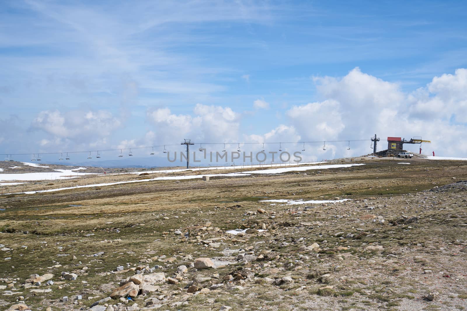 Lifts in Torre Serra da Estrela snow landscape, in Portugal