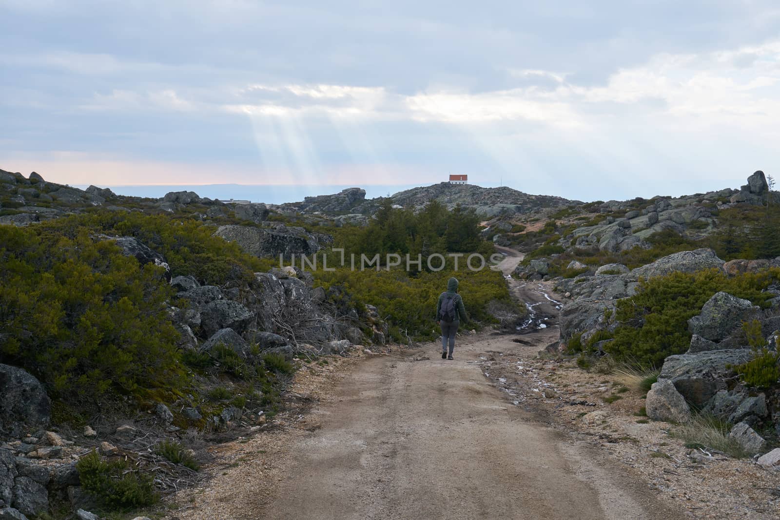 Woman girl walking in landscape lake Lagoa comprida lagoon in Serra da Estrela at sunset, Portugal by Luispinaphotography