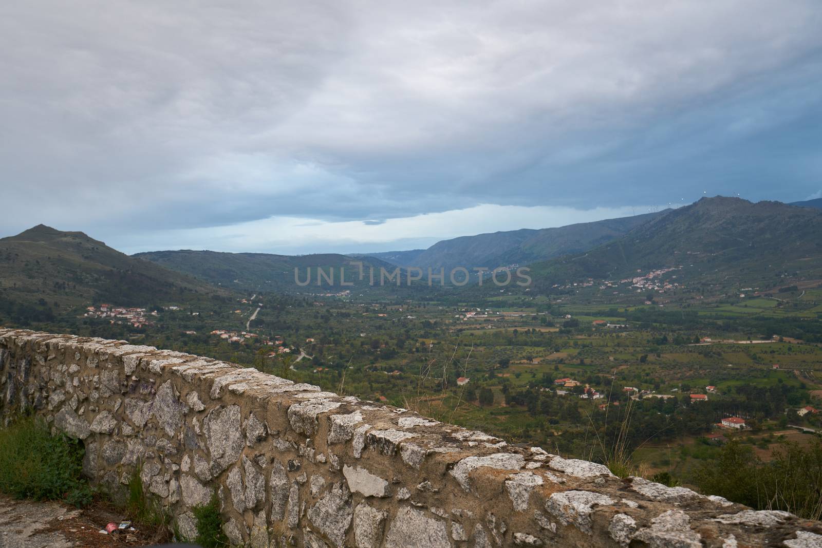 View of Serra da Estrela natural park mountains landscape at sunset from the roadside, in Portugal