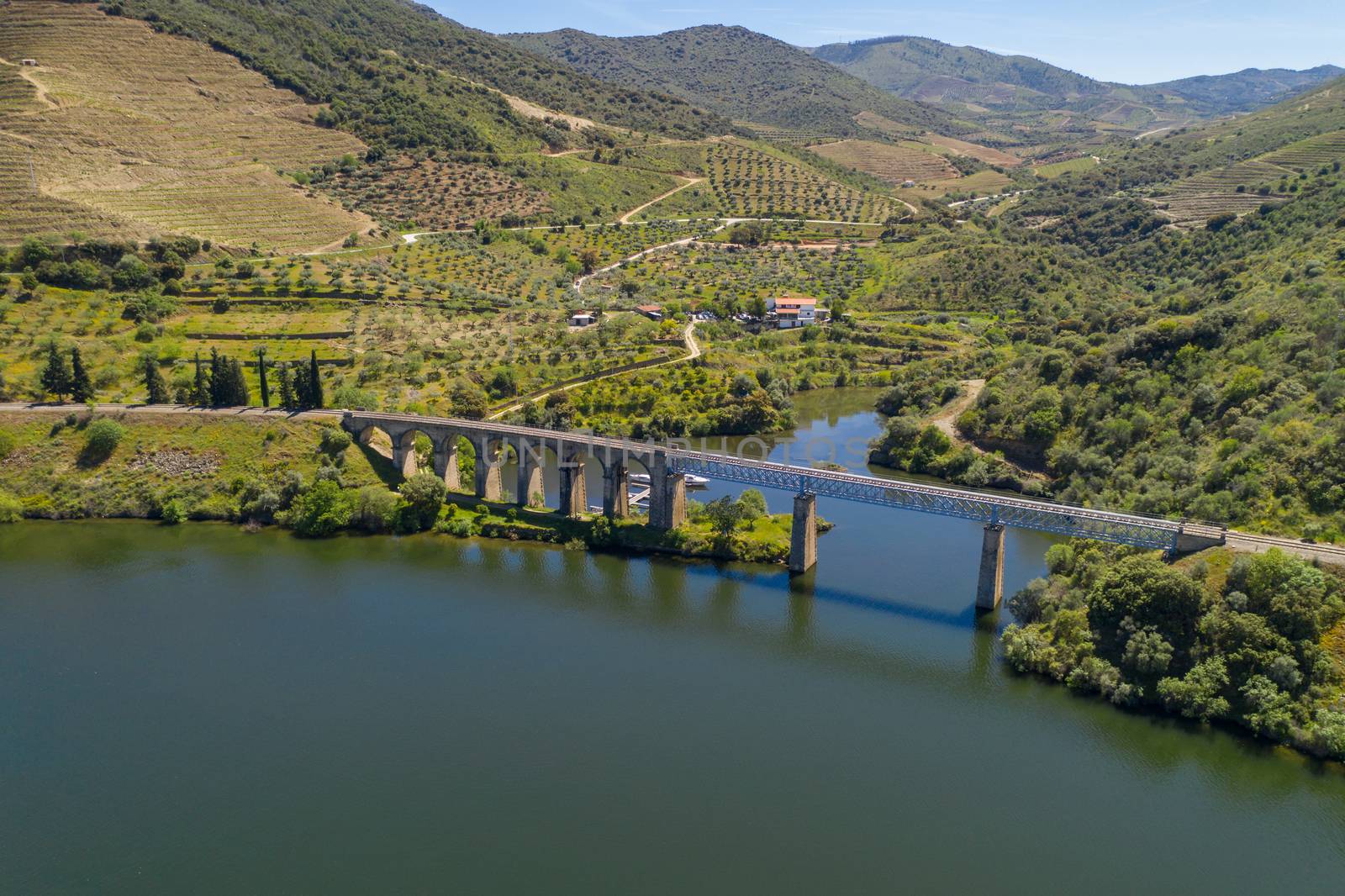 Bridge drone view like Harry Potter movie in Douro River Region, in Portugal