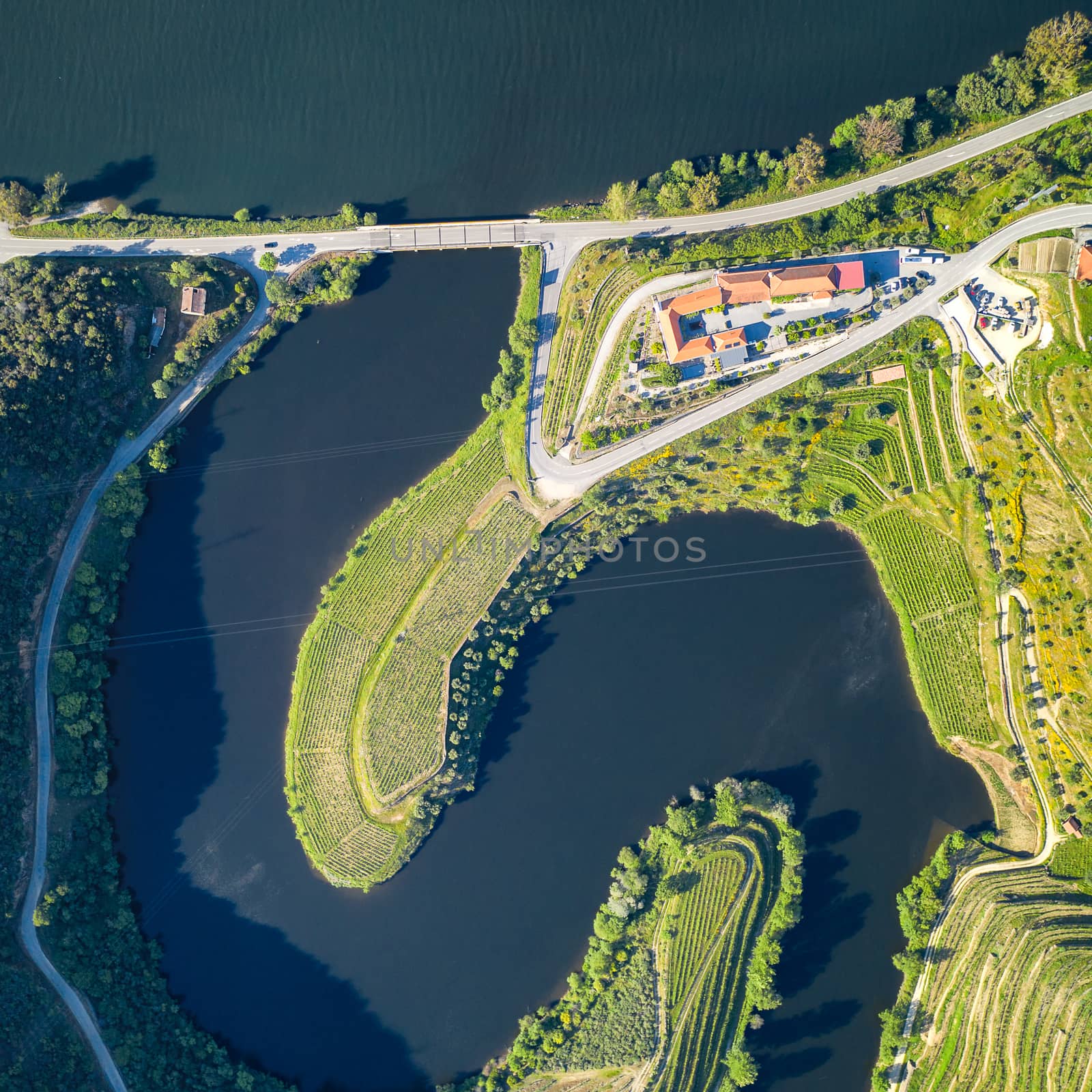 Douro wine valley region drone aerial top view of s shape bend river in Quinta do Tedo at sunset, in Portugal by Luispinaphotography