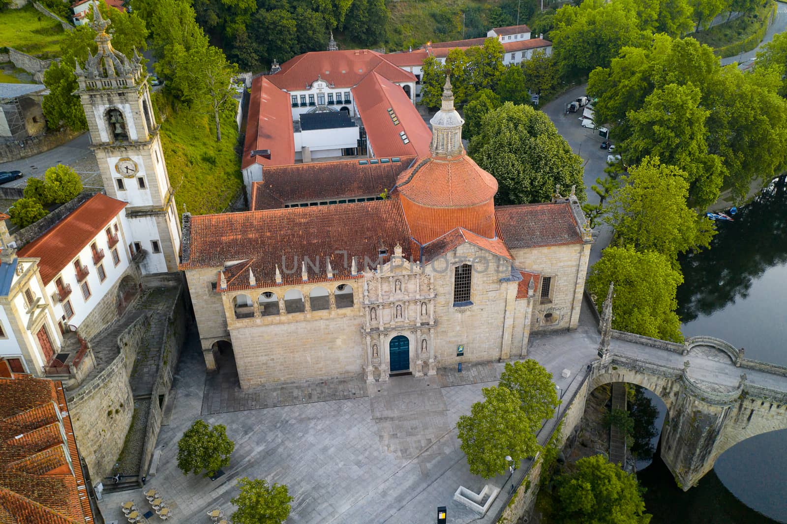 Amarante drone aerial view with beautiful church and bridge in Portugal at sunrise by Luispinaphotography