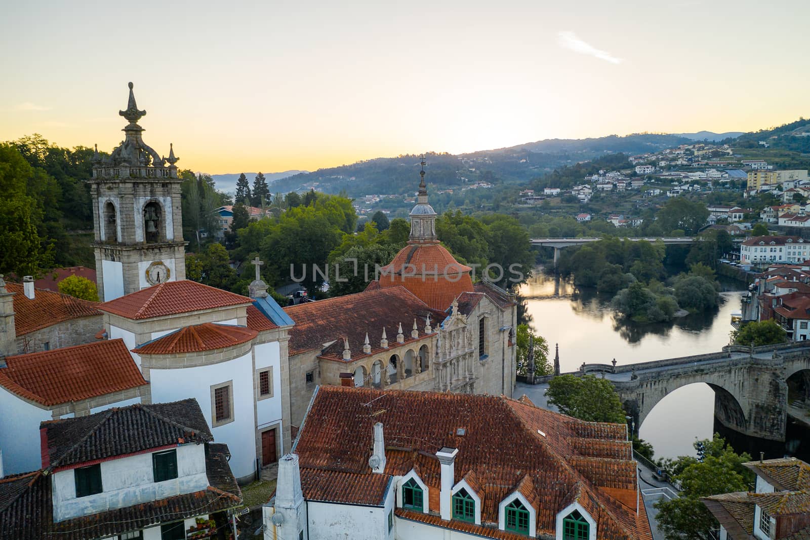 Amarante drone aerial view with beautiful church and bridge in Portugal at sunrise