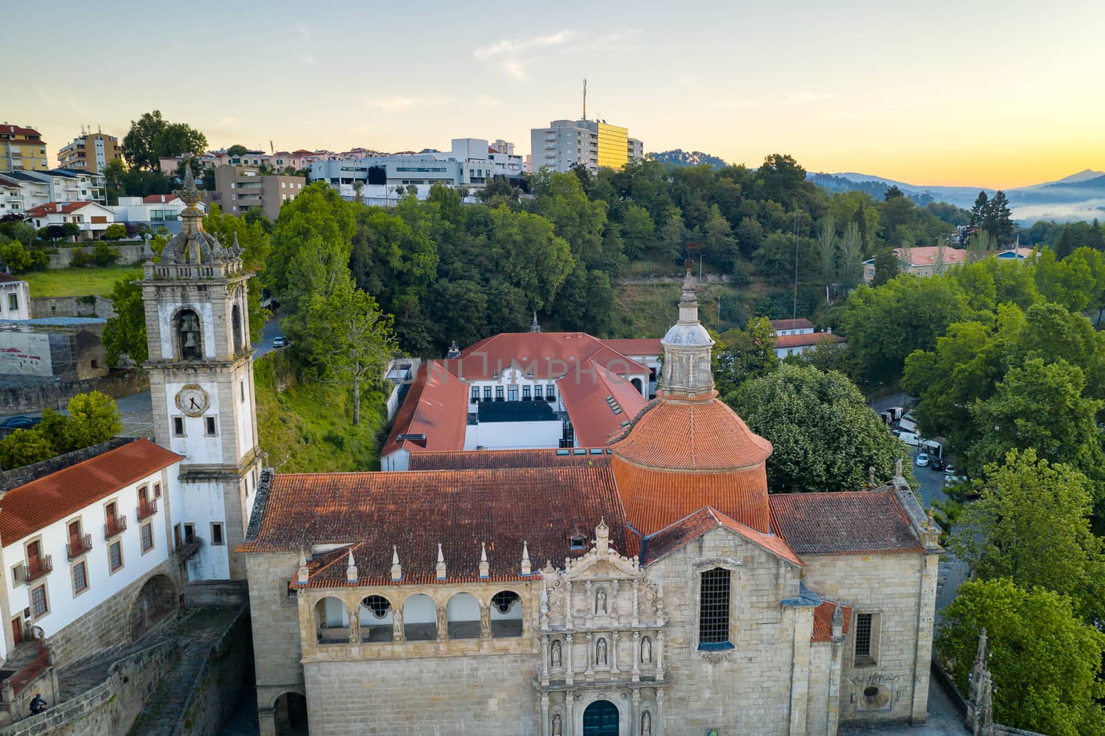 Amarante drone aerial view with beautiful church and bridge in Portugal at sunrise by Luispinaphotography