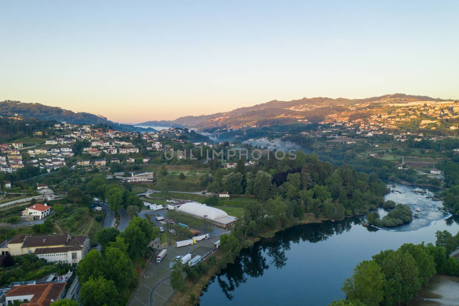 Amarante drone aerial view with of city landscape in Portugal at sunrise