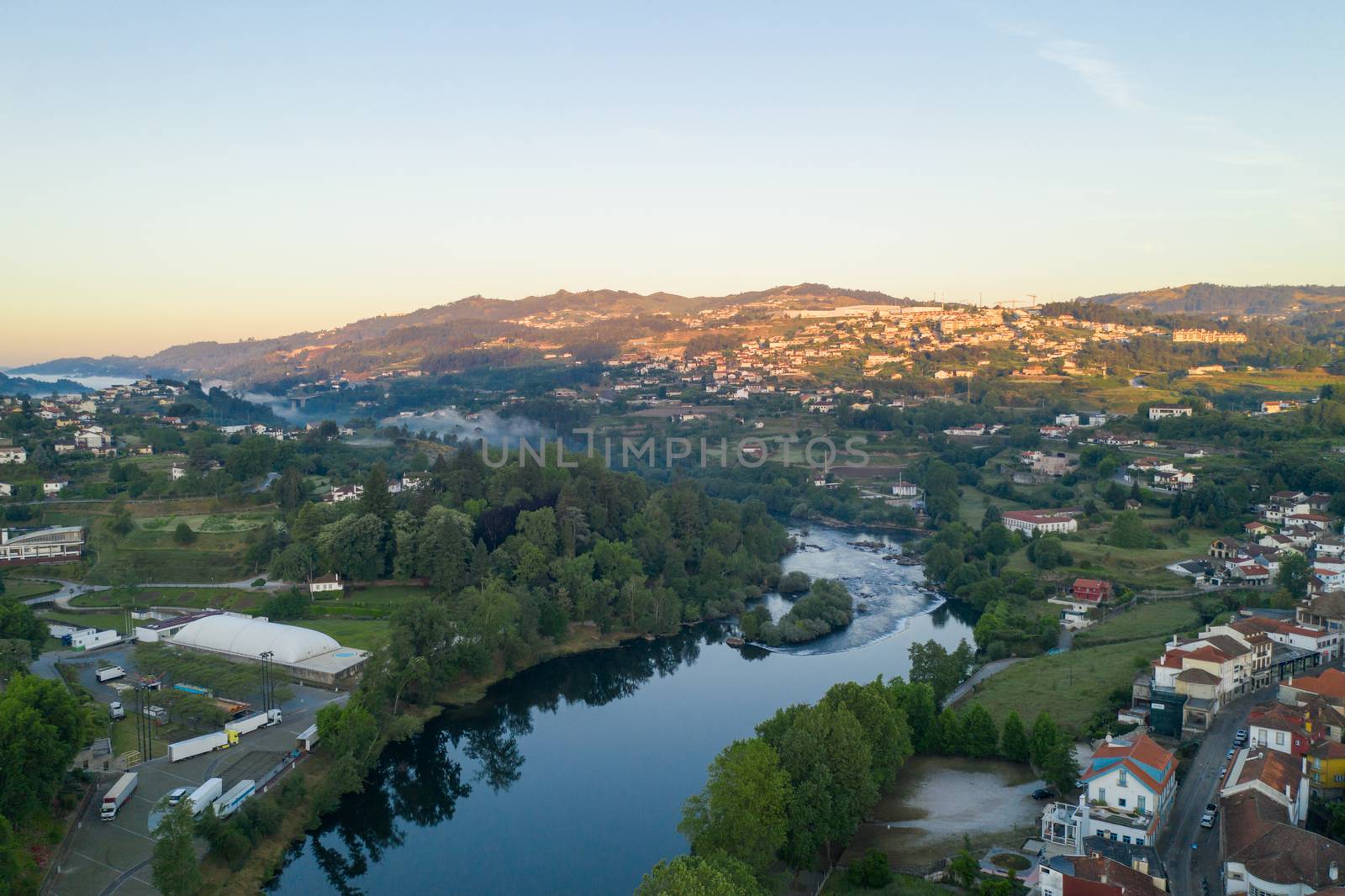 Amarante drone aerial view with of city landscape in Portugal at sunrise