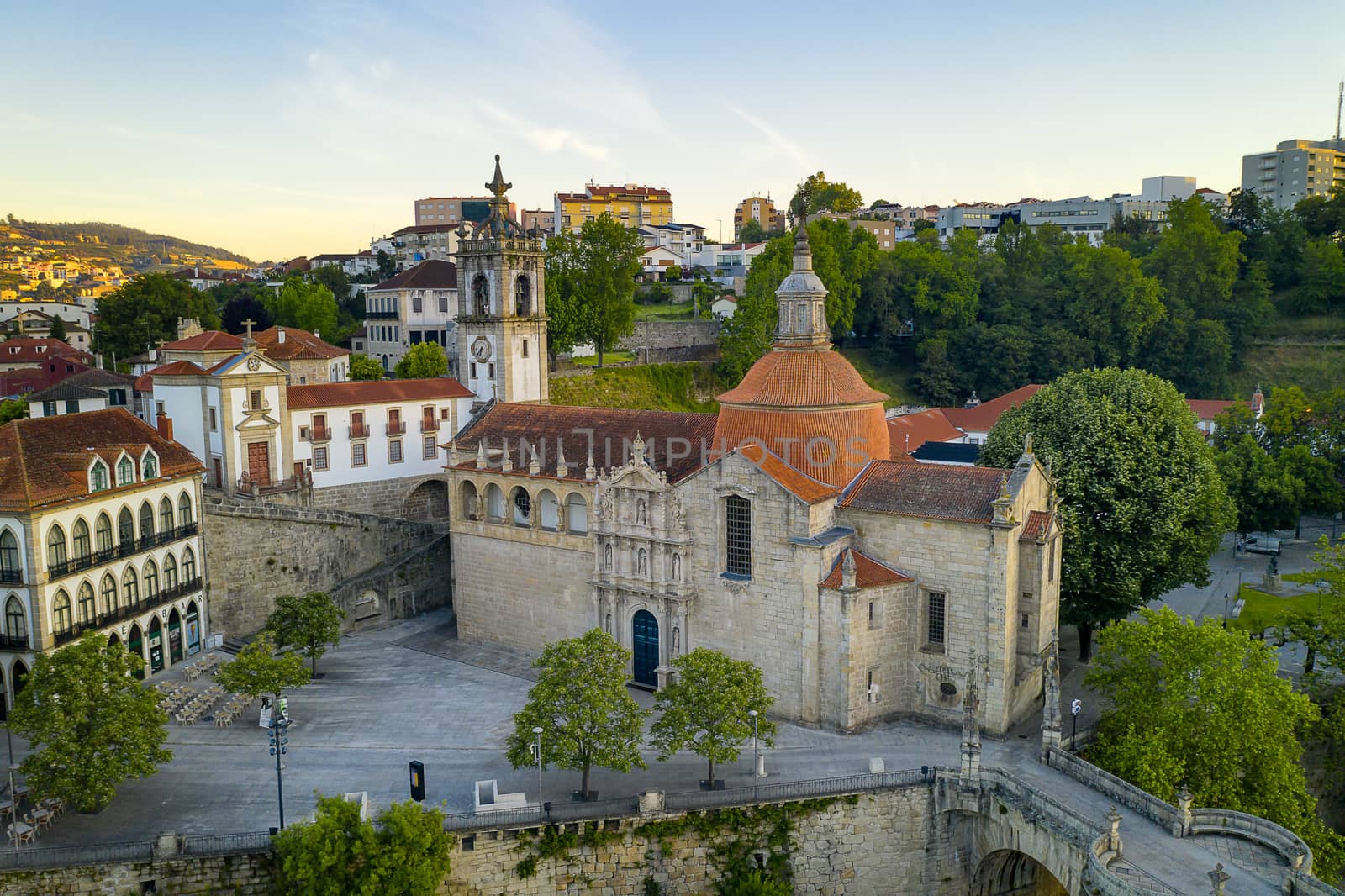 Amarante drone aerial view with beautiful church and bridge in Portugal at sunrise by Luispinaphotography