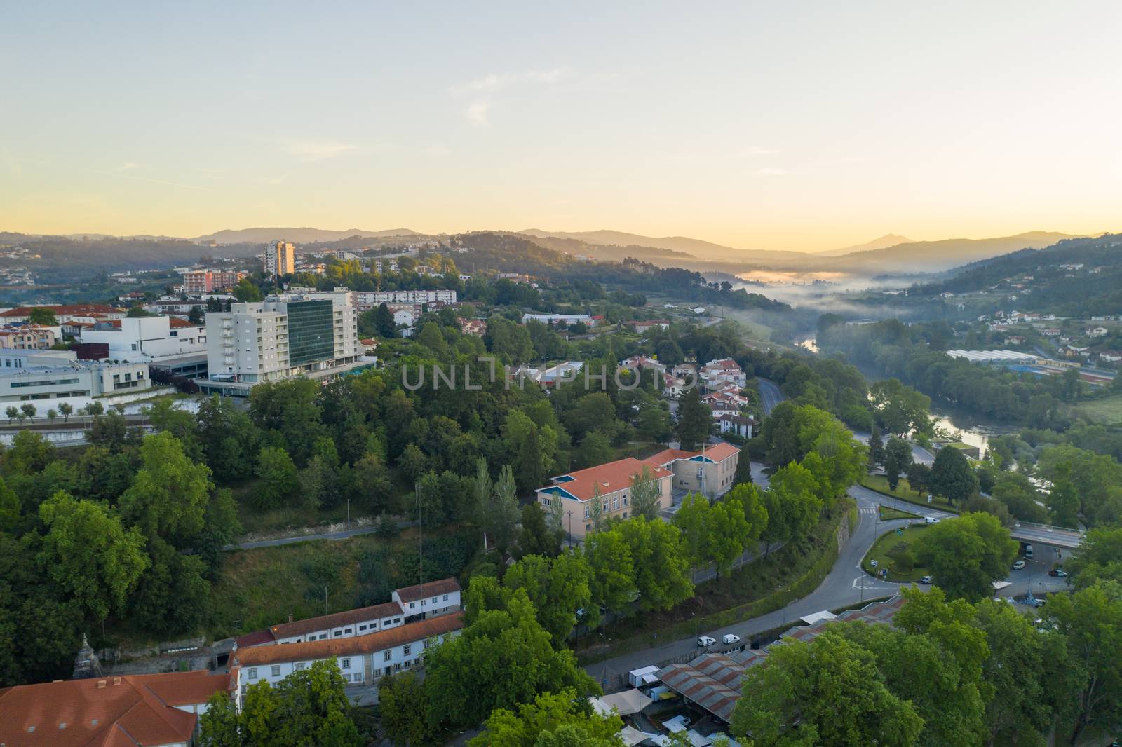 Amarante drone aerial view with of city landscape in Portugal at sunrise