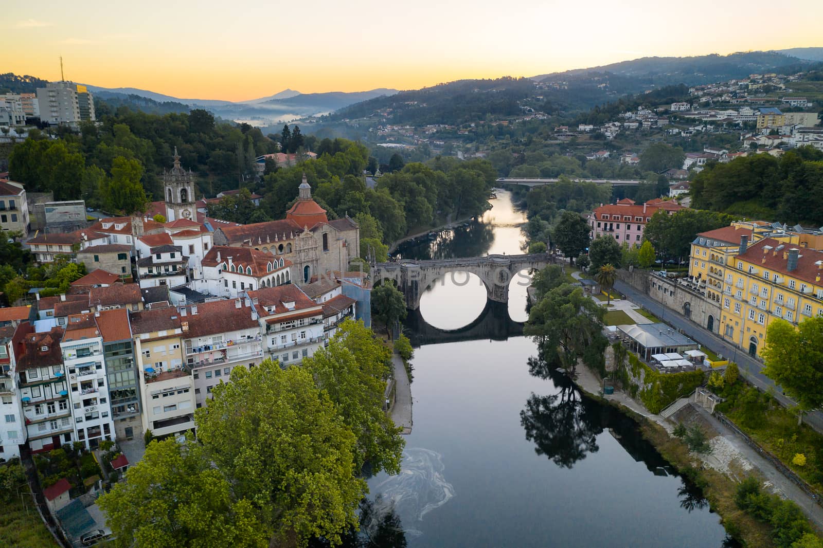 Amarante drone aerial view with beautiful church and bridge in Portugal at sunrise