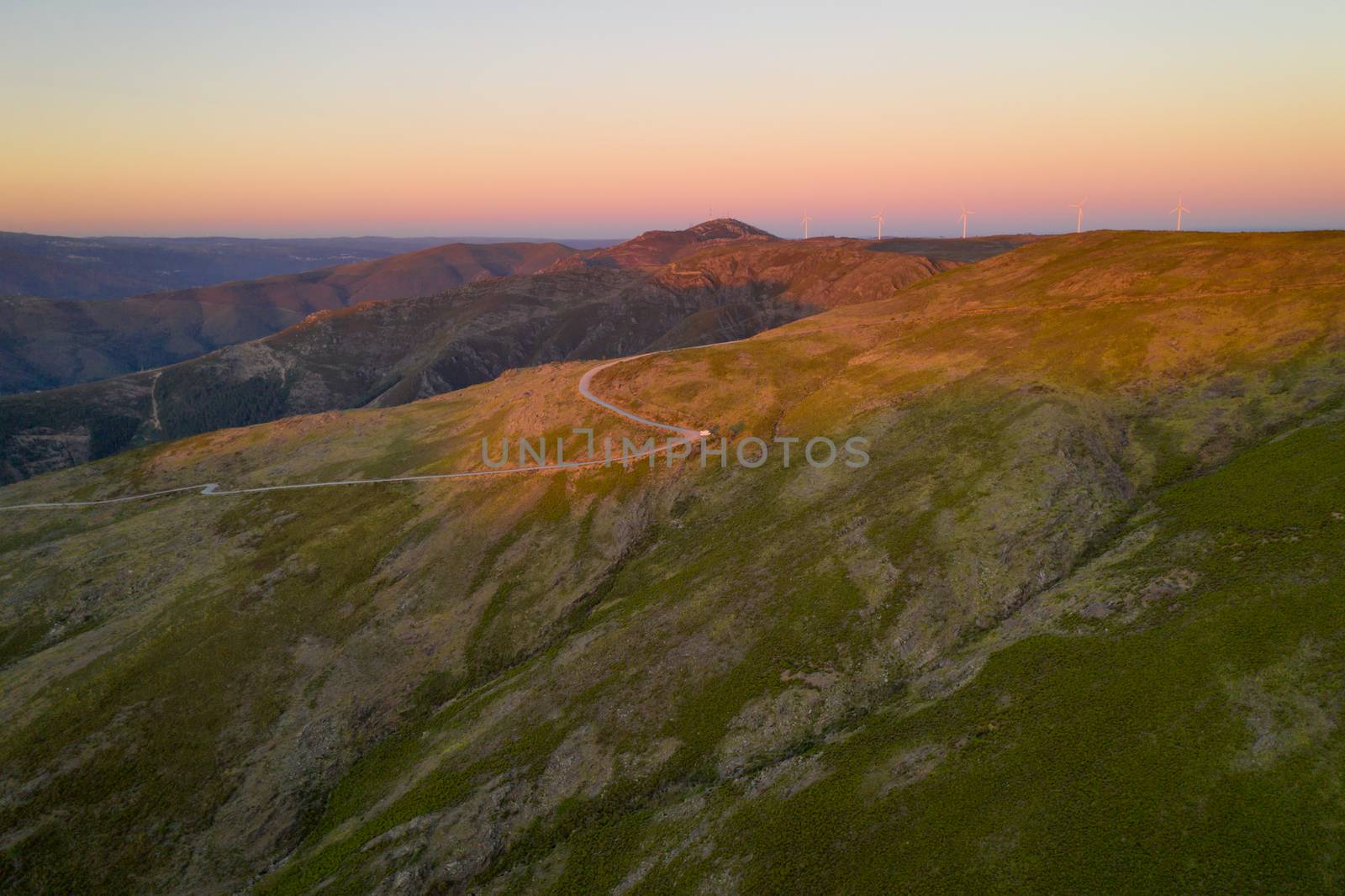 Serra da Freita drone aerial view in Arouca Geopark at sunset, in Portugal by Luispinaphotography