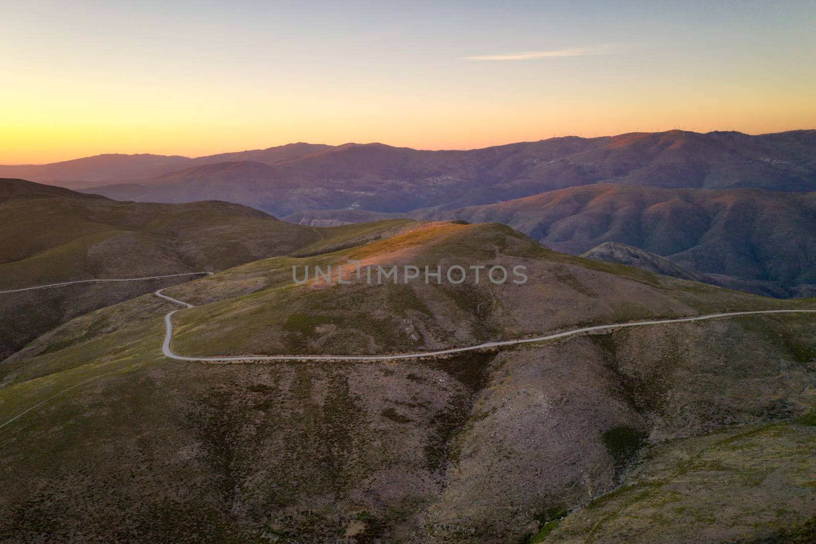 Serra da Freita drone aerial view in Arouca Geopark at sunset, in Portugal by Luispinaphotography