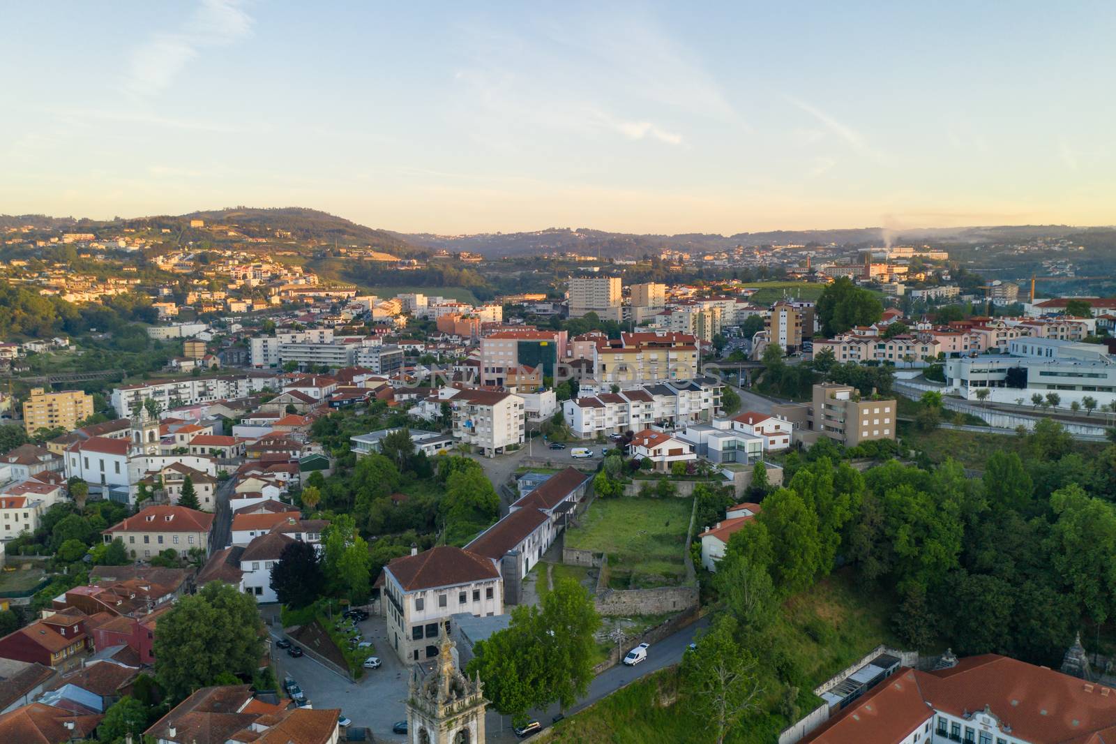 Amarante drone aerial view with beautiful church and bridge in Portugal at sunrise by Luispinaphotography