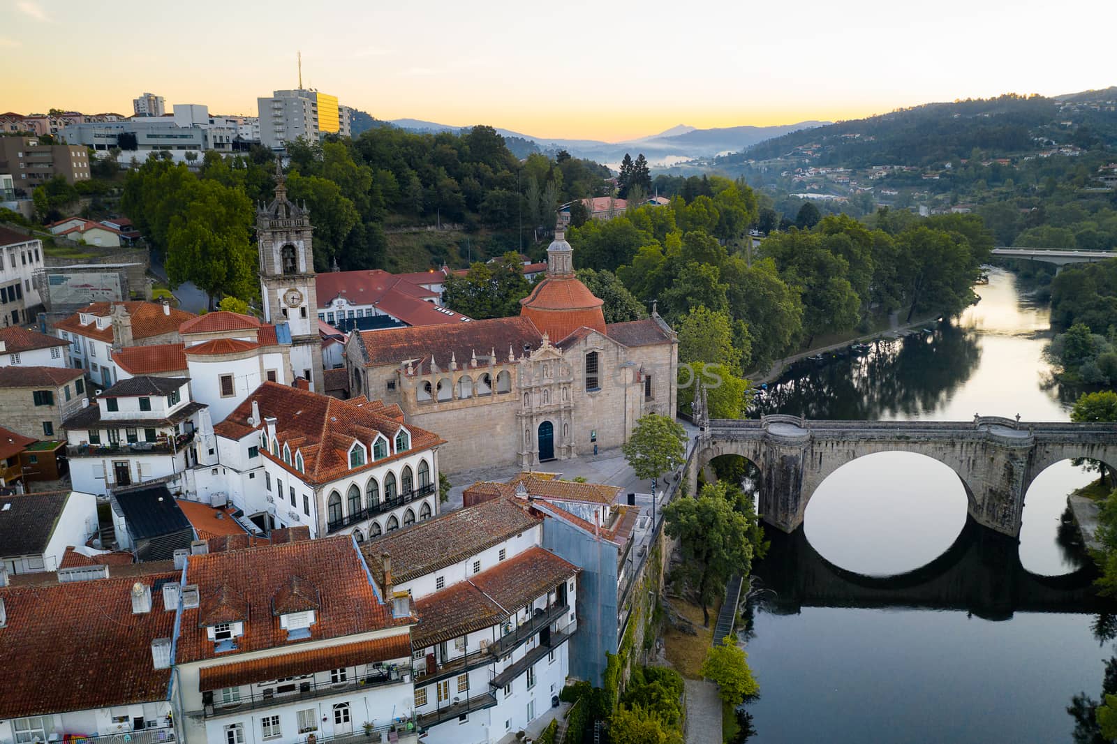 Amarante drone aerial view with beautiful church and bridge in Portugal at sunrise