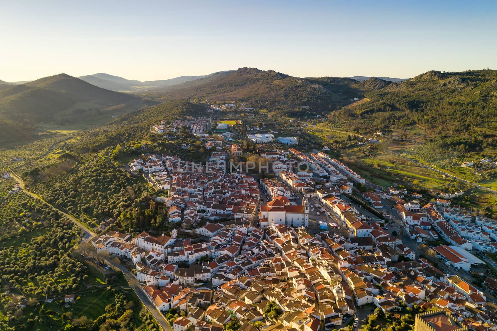 Castelo de Vide drone aerial view in Alentejo, Portugal from Serra de Sao Mamede mountains by Luispinaphotography