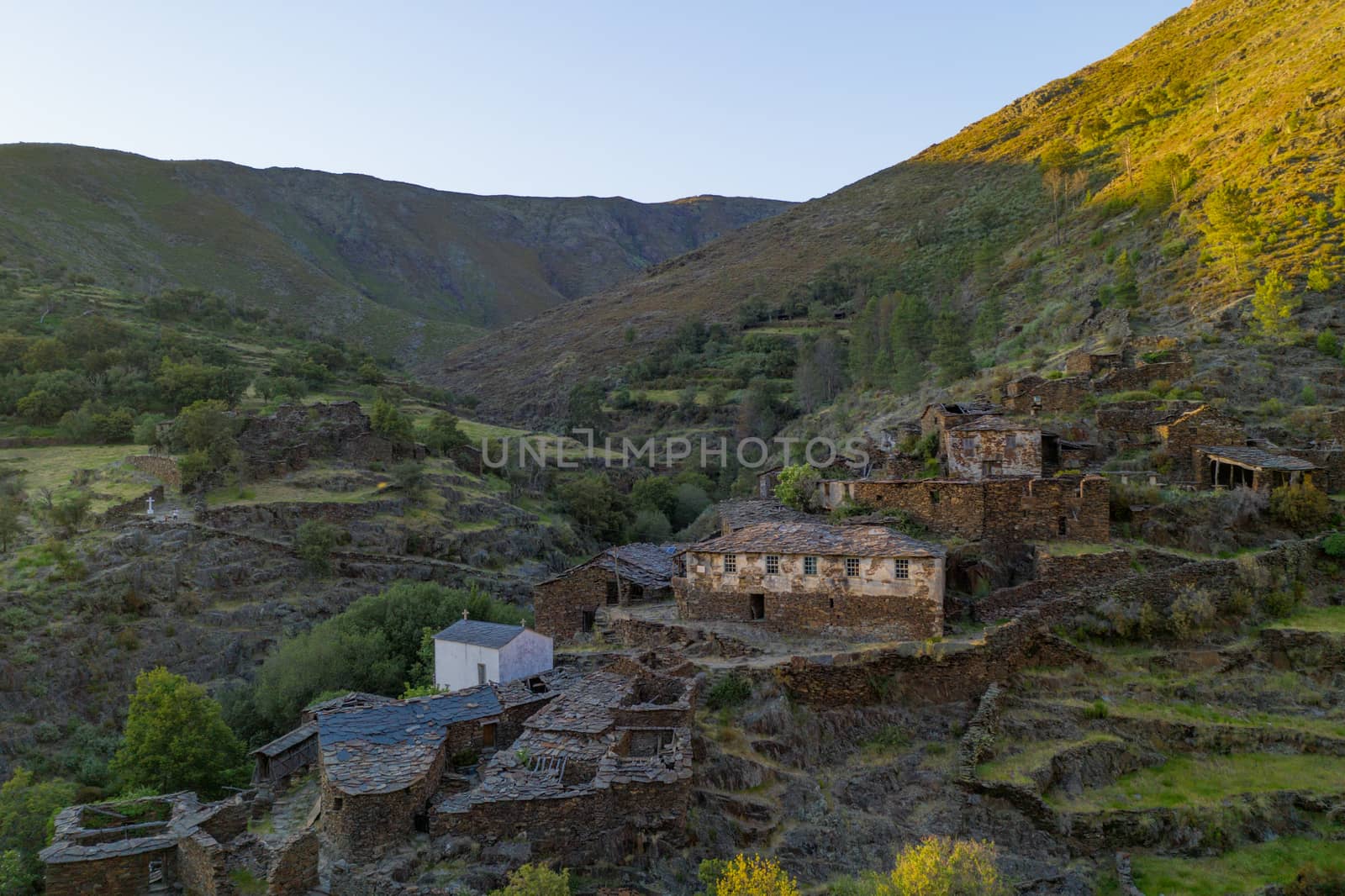 Drave drone aerial view of village in Arouca Serra da Freita mountain, Portugal