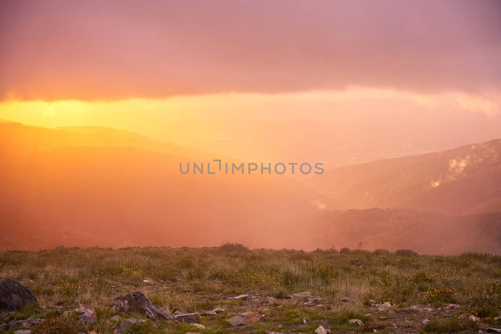 Beautiful view from the top of Lousa mountain in the North of Portugal at sunset