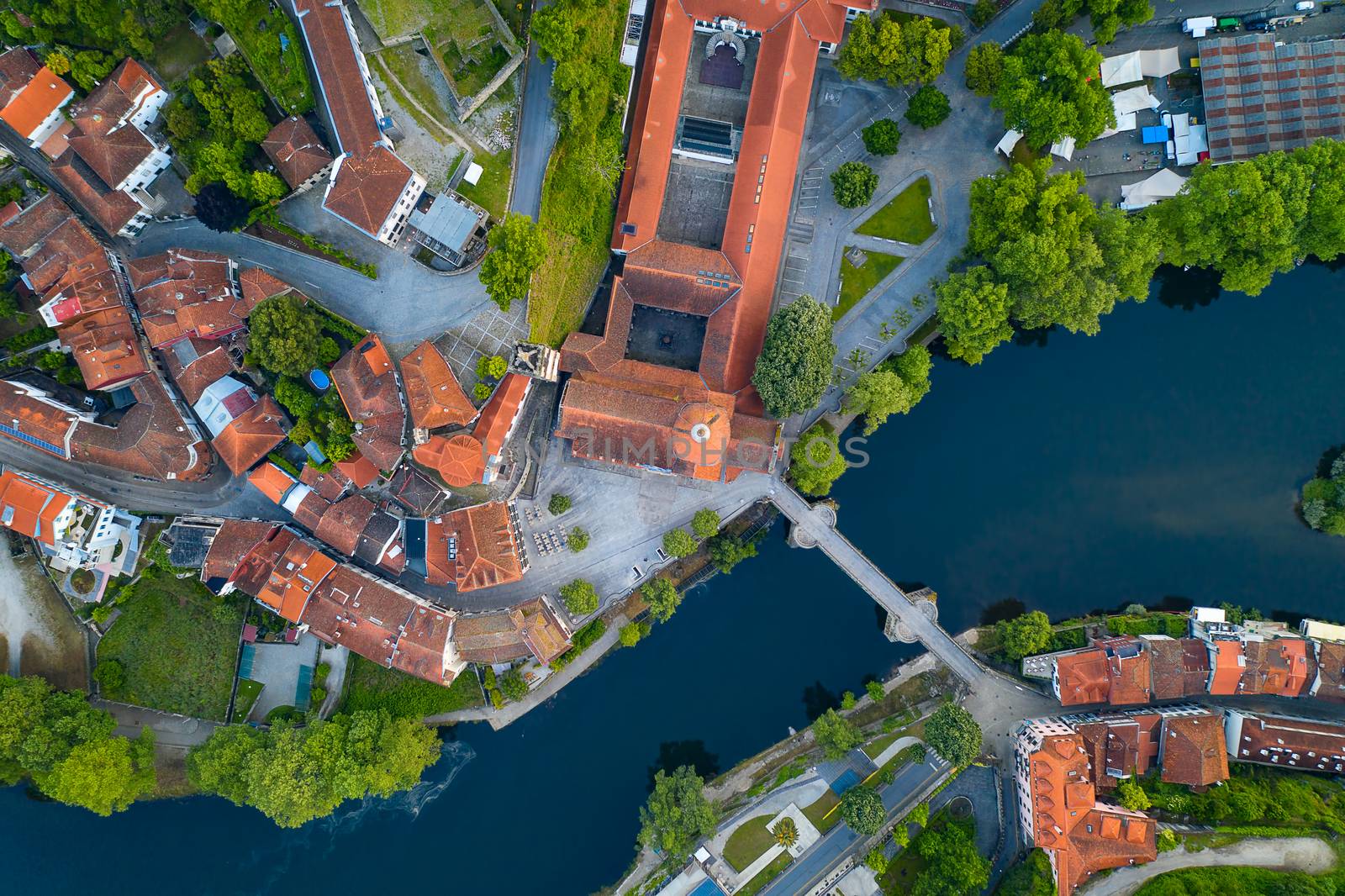 Amarante drone aerial top view with beautiful church and bridge in Portugal at sunrise by Luispinaphotography