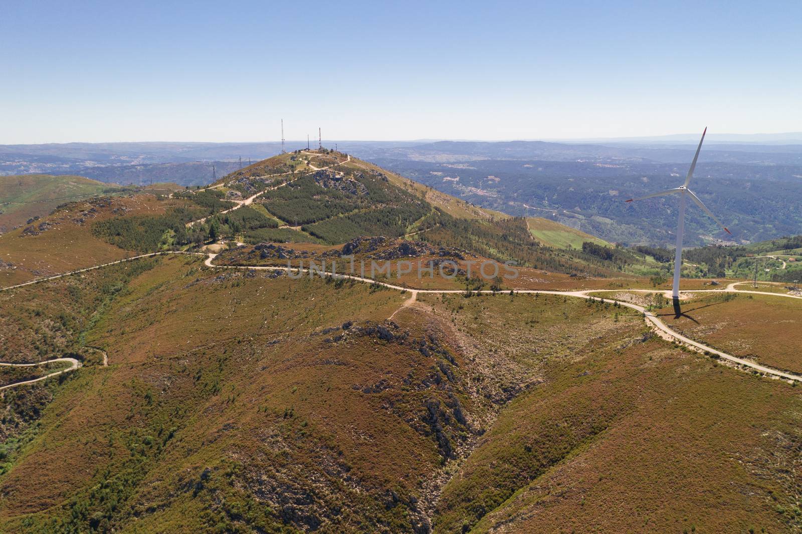 Wind turbines drone aerial view renewable energy on the middle of Serra da Freita Arouca Geopark, in Portugal