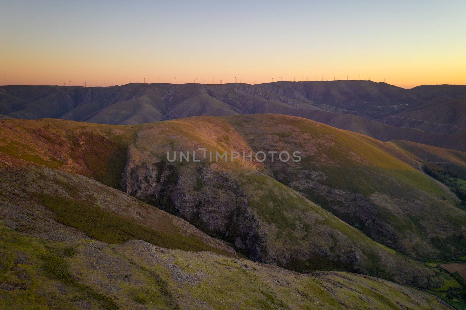 Serra da Freita drone aerial view in Arouca Geopark at sunset, in Portugal