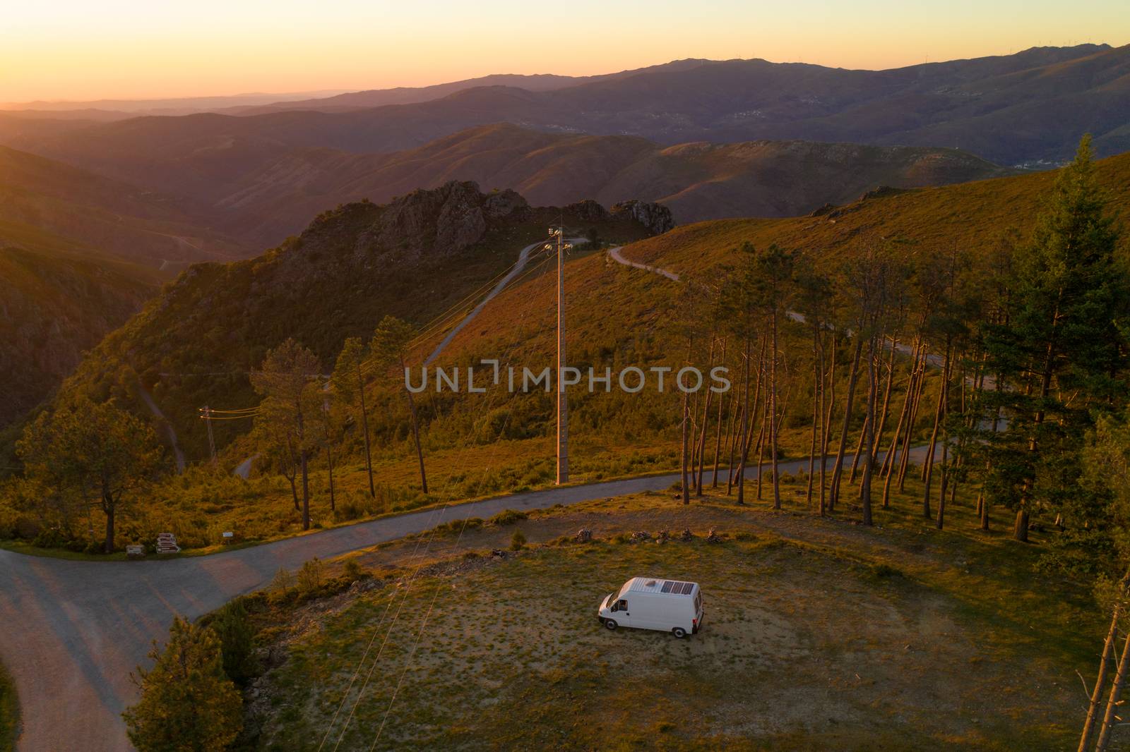 Serra da Freita drone aerial view of a camper van in Arouca Geopark at sunset, in Portugal by Luispinaphotography