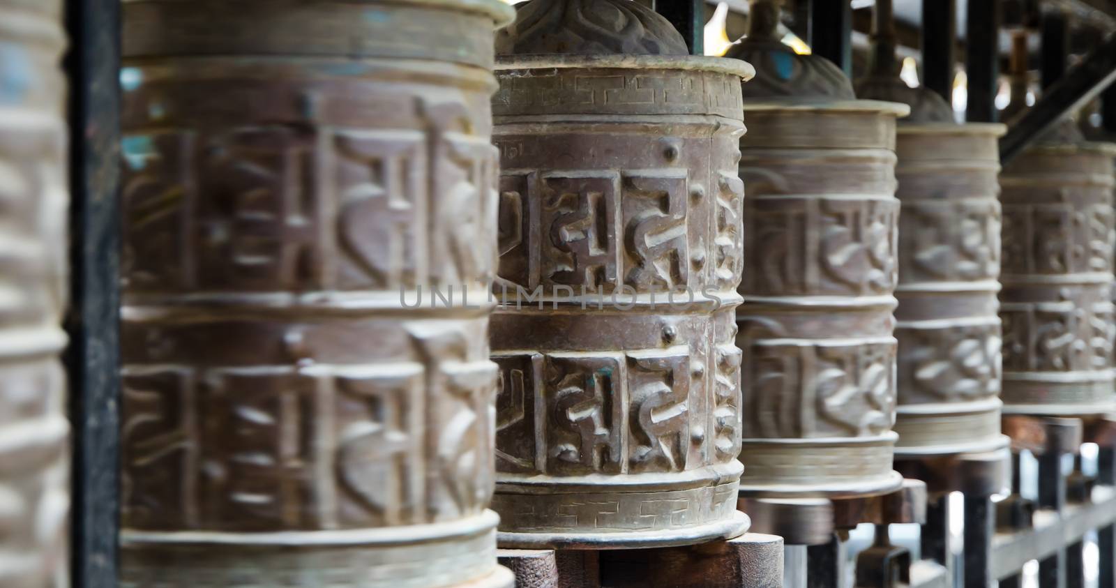 Prayer wheels in the temples of Kathmandu,  Nepal