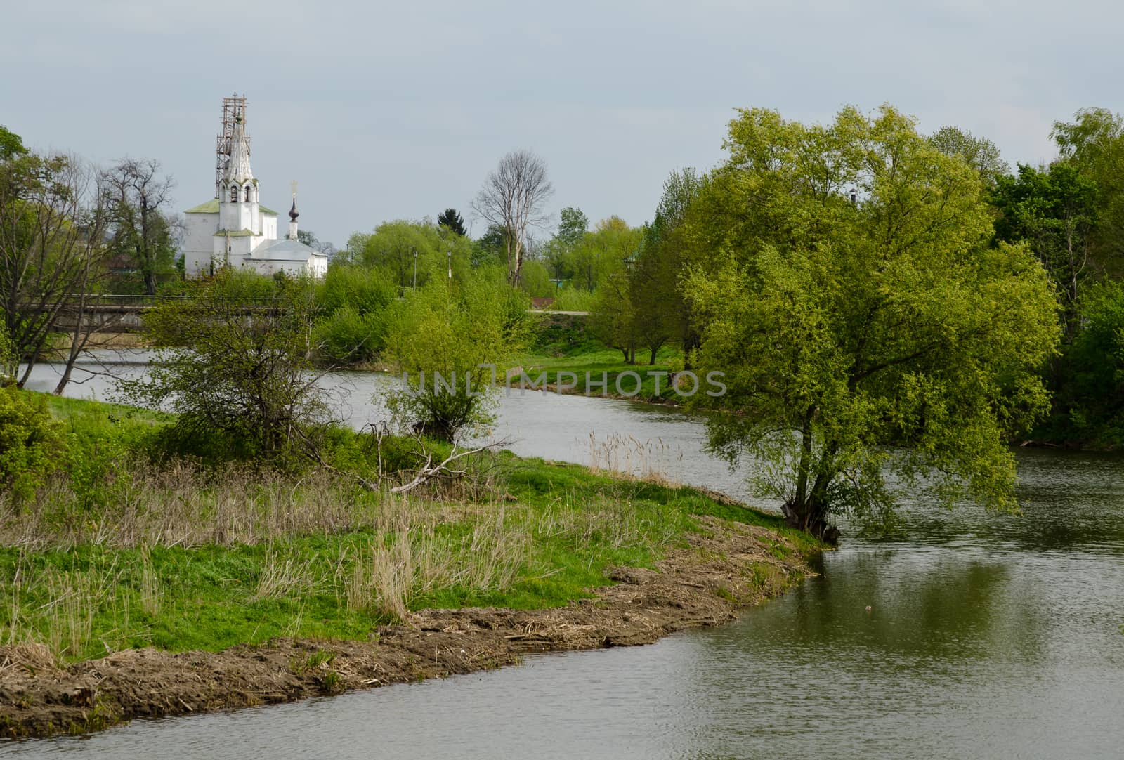 River view to the ancient Christian church in the Suzdal town