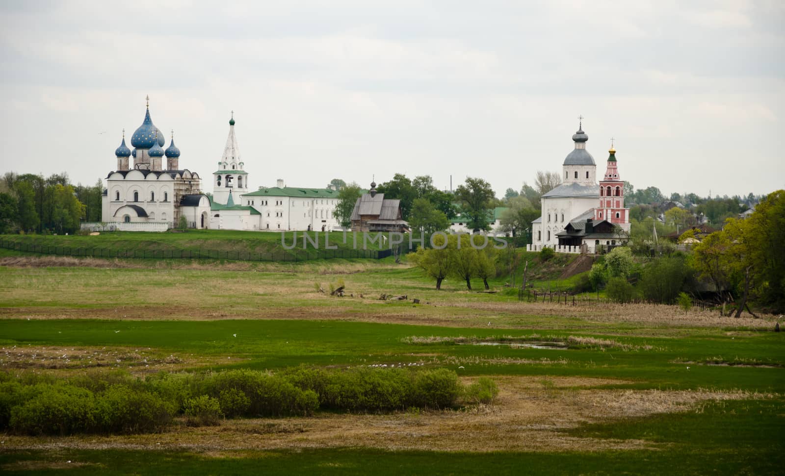 Meadow view to the ancient kremlin in the Russian Suzdal town  (XII century)