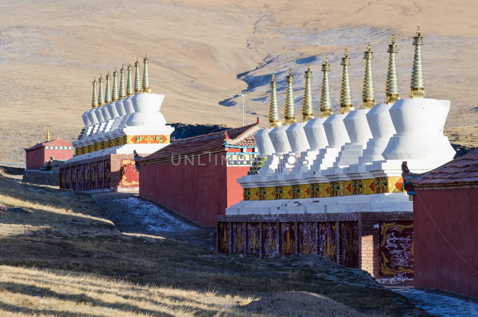 Buddhist stupas are shine under the sunset light at a Tibetan monastery at Madoi County