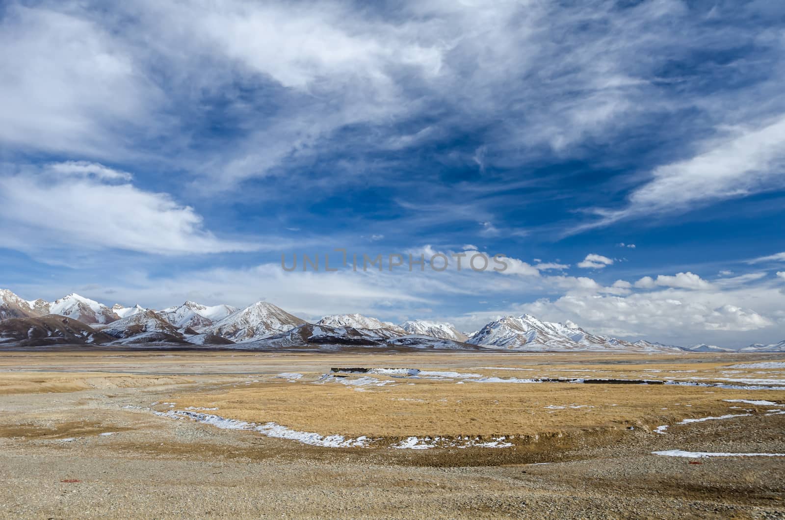 Amazing view of the high altitude Tibetan plateau and cloudy sky at Qinghai province