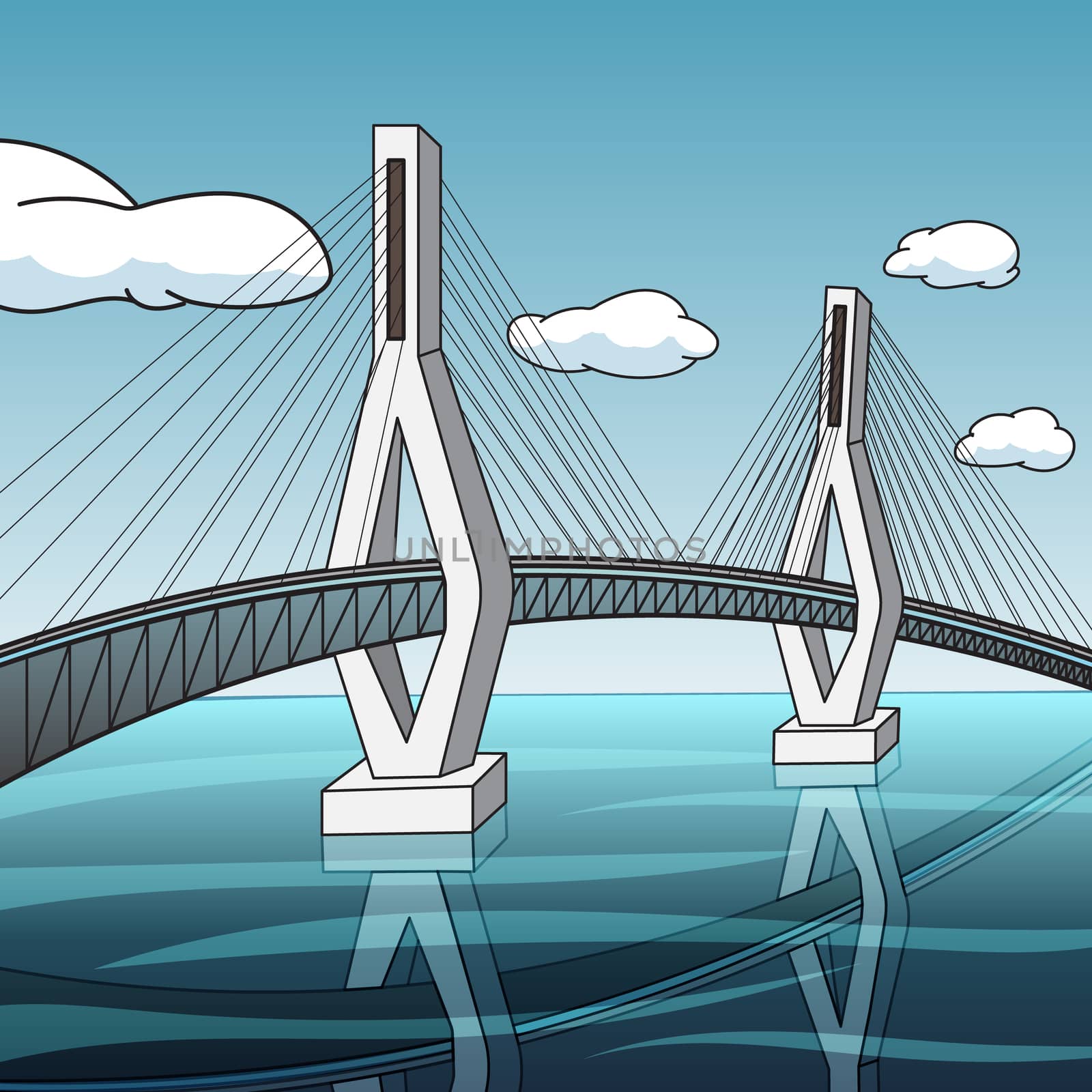 The drawbridge over the lake, vector illustration. Computer digital drawing.