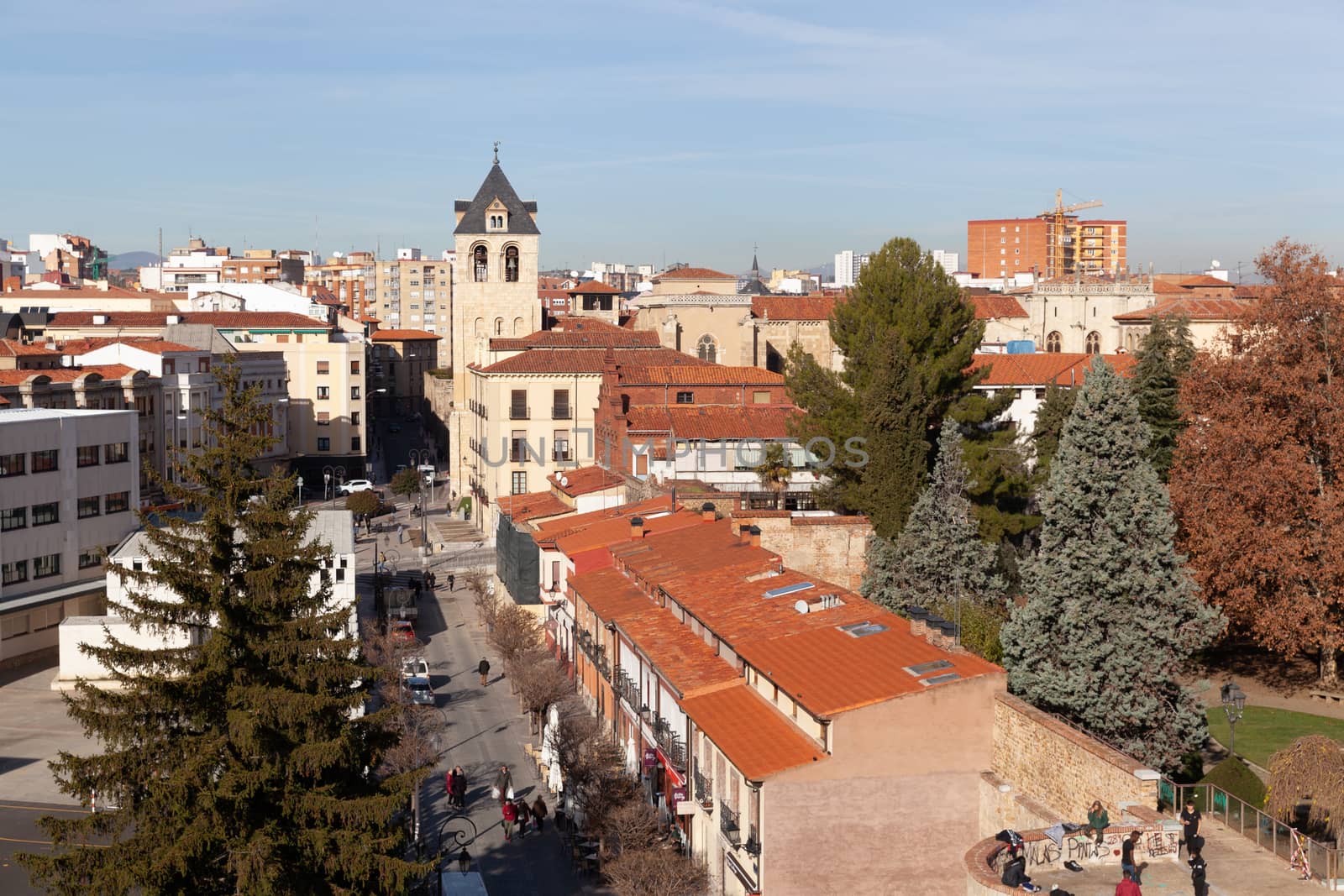 Leon, Spain - 9 December 2019: Panorama of Leon showing Ruiz de Salazar street and San Isidoro Museum