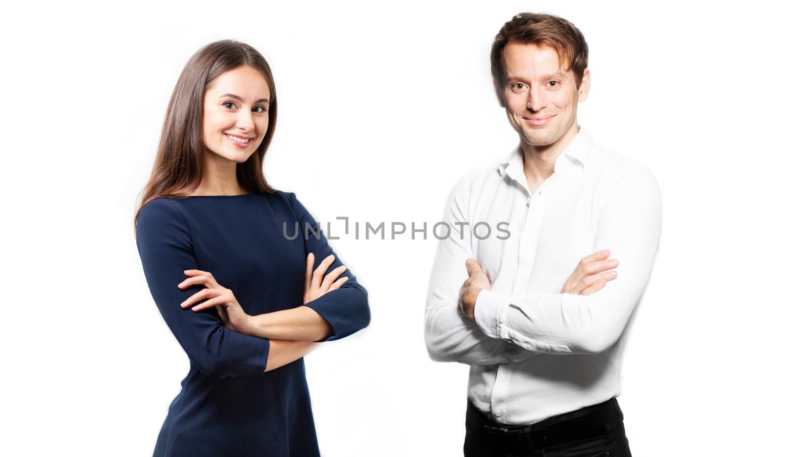 Business woman and man on white background. crossing arms. Smiling happy couple on white background facing camera. Business portrait of two people. Team work couple. husband and wife on white. High quality photo