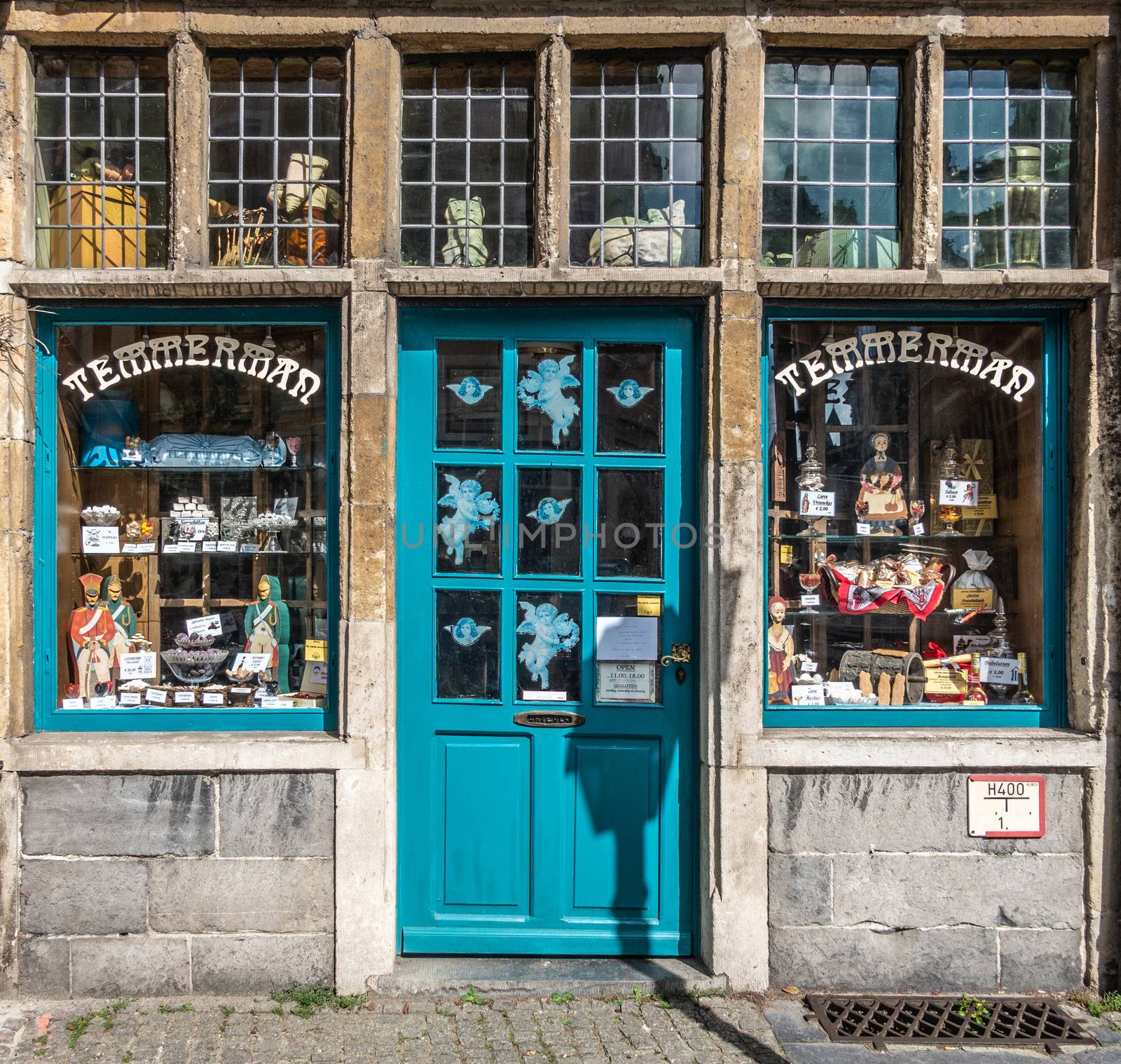 Gent, Flanders, Belgium -  June 21, 2019: Closeup of ground floor of Historic small shop on Kraanlei houses Confectioner Temmerman. authentic candy of a previous era.