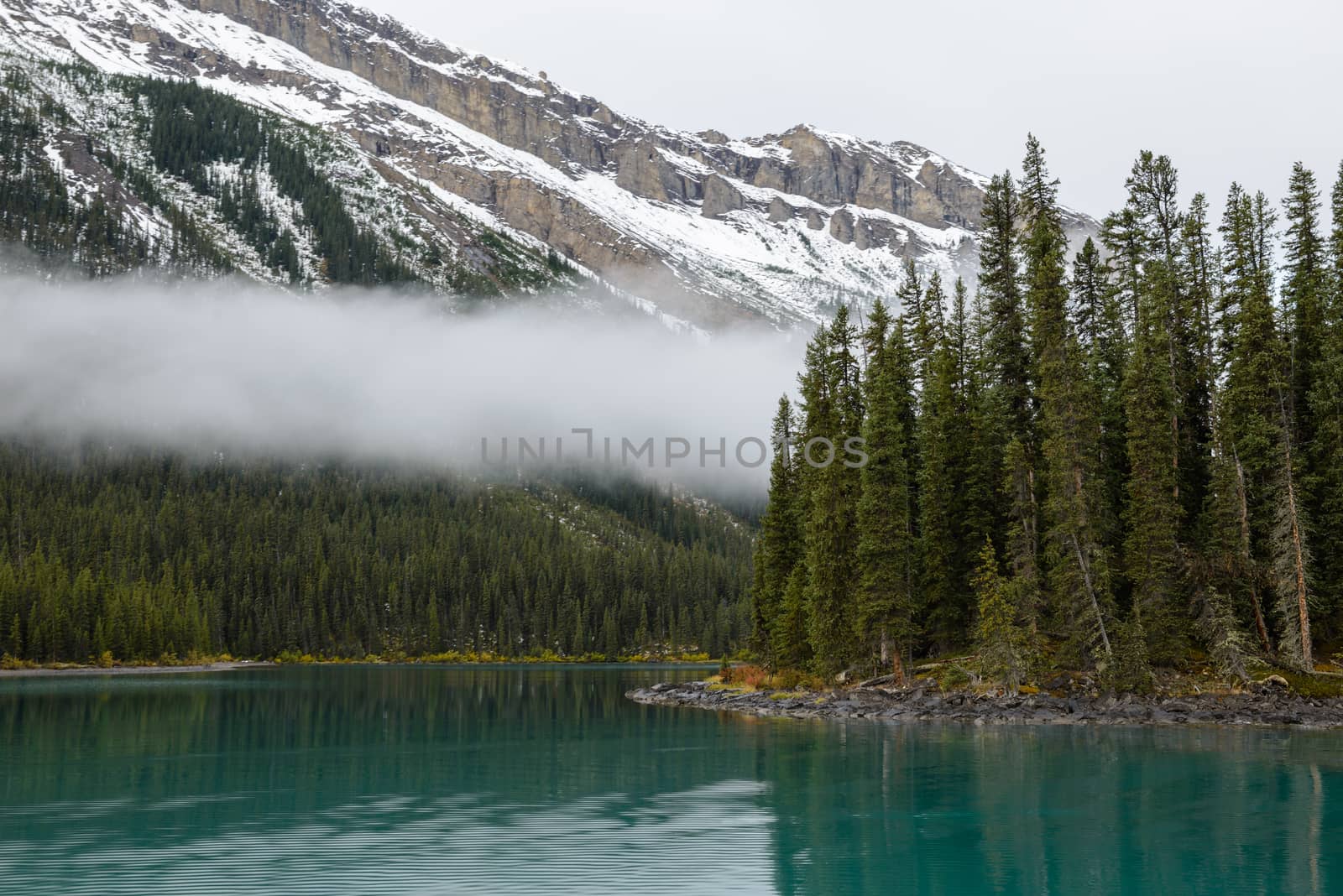 A mist and turquoise water of the Maligne lake, Alberta, Canada by nemo269