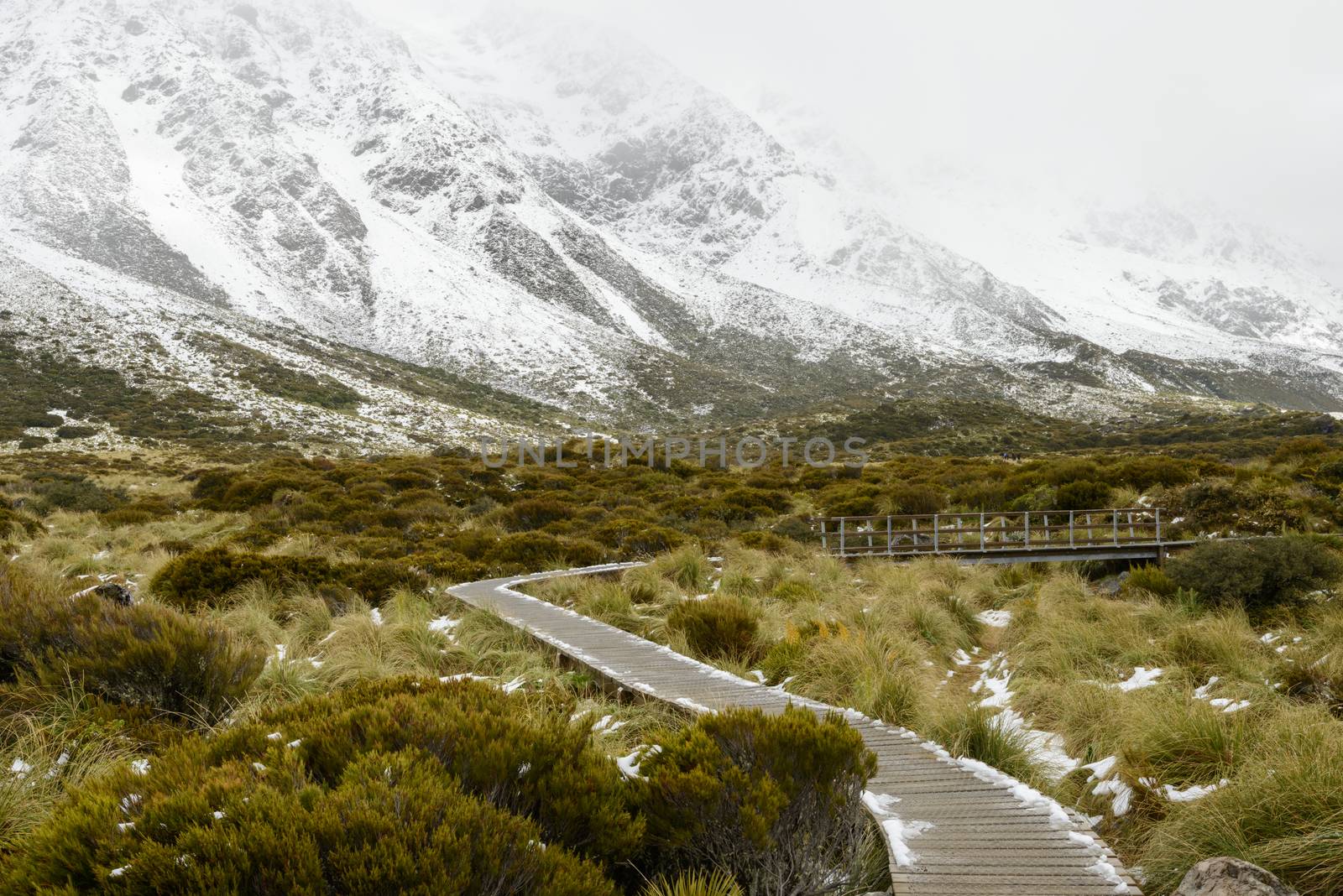 Hanging wooden pathway protects mountain ecosystem at Hooker Valley Track by nemo269