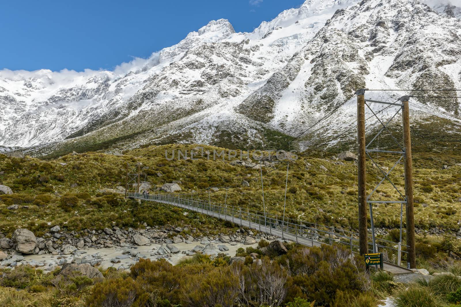 Mountain scenery with scary hanging bridge at Hooker Valley Track by nemo269