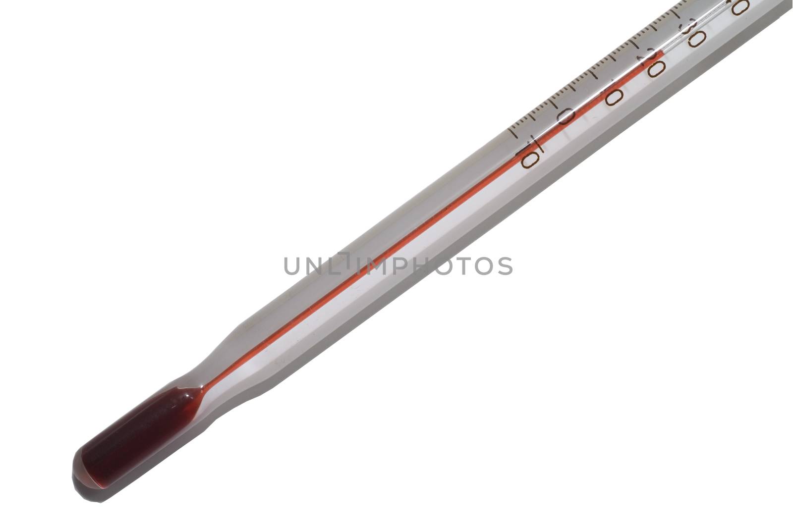 A liquid alcohol thermometer on a white background