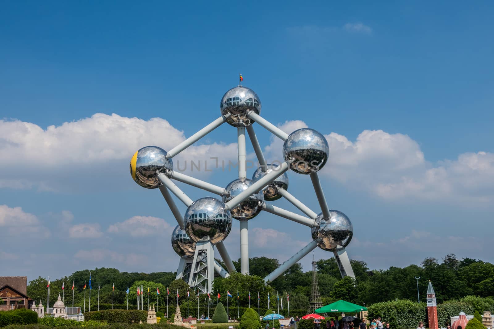 Atomium monument seen from Mini-Europe park in Brussels, Belgium by Claudine