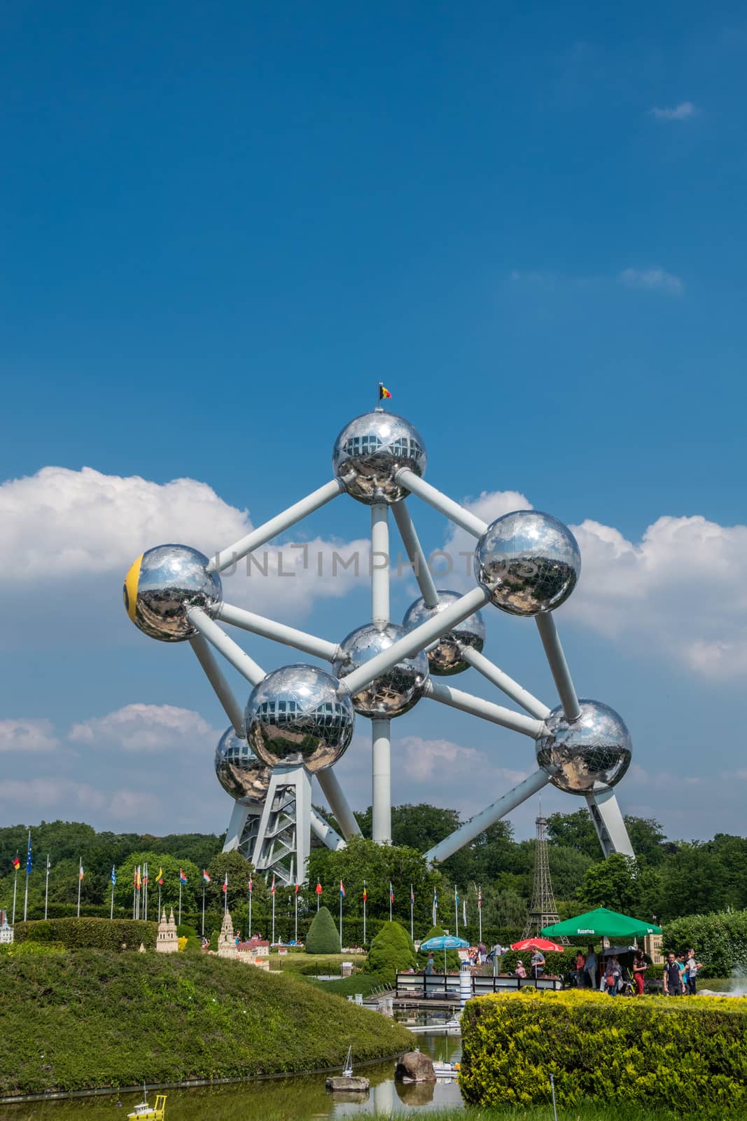 Atomium monument seen from Mini-Europe park in Brussels, Belgium by Claudine
