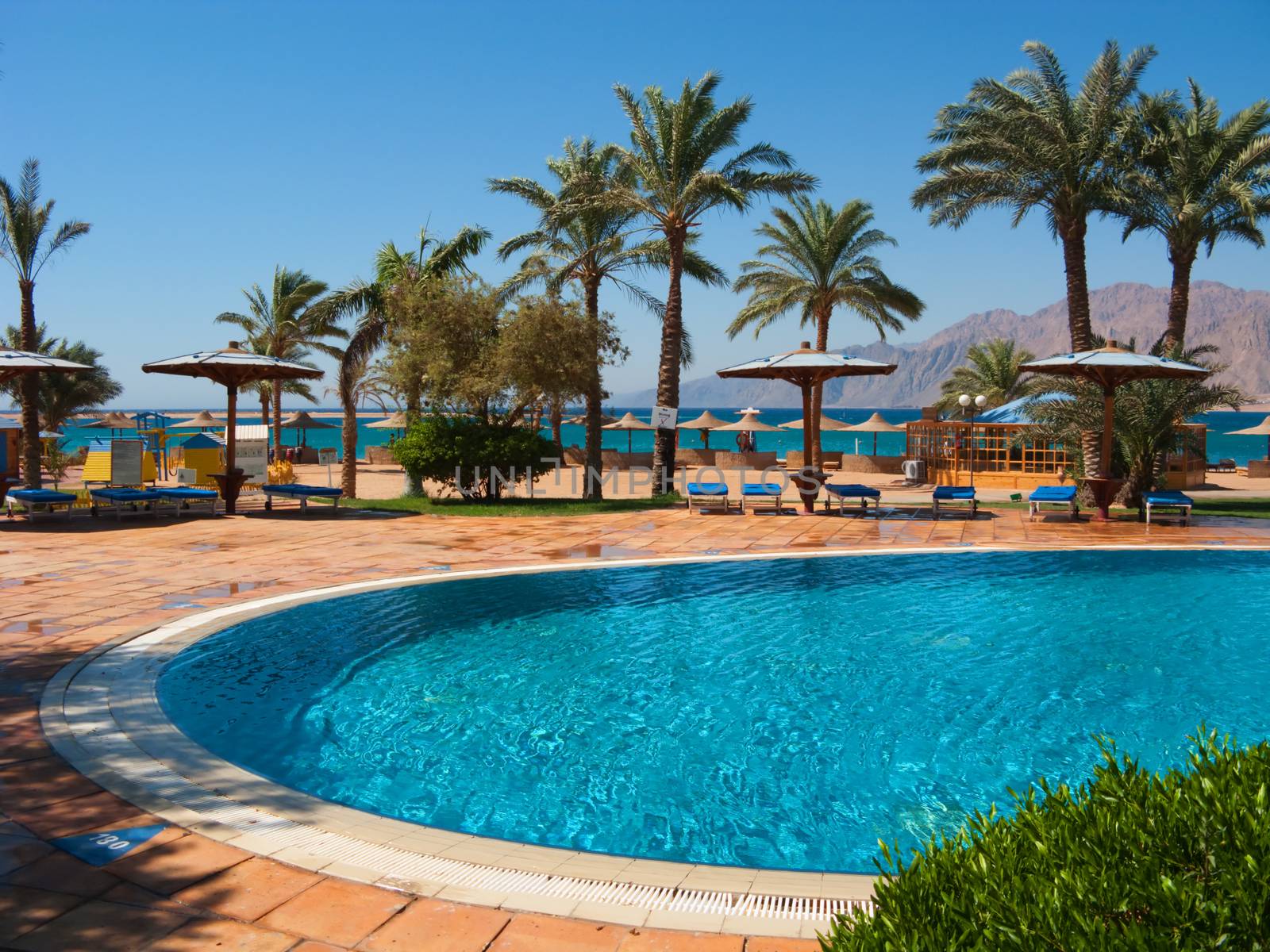 General view from the hotel pool to the Red Sea coastline