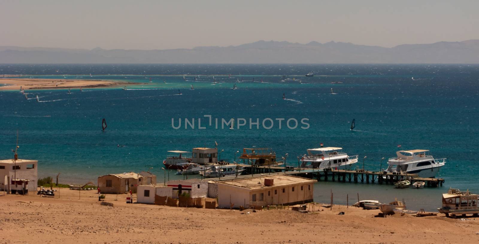 General view of the Dahab's gulf with windsurfers