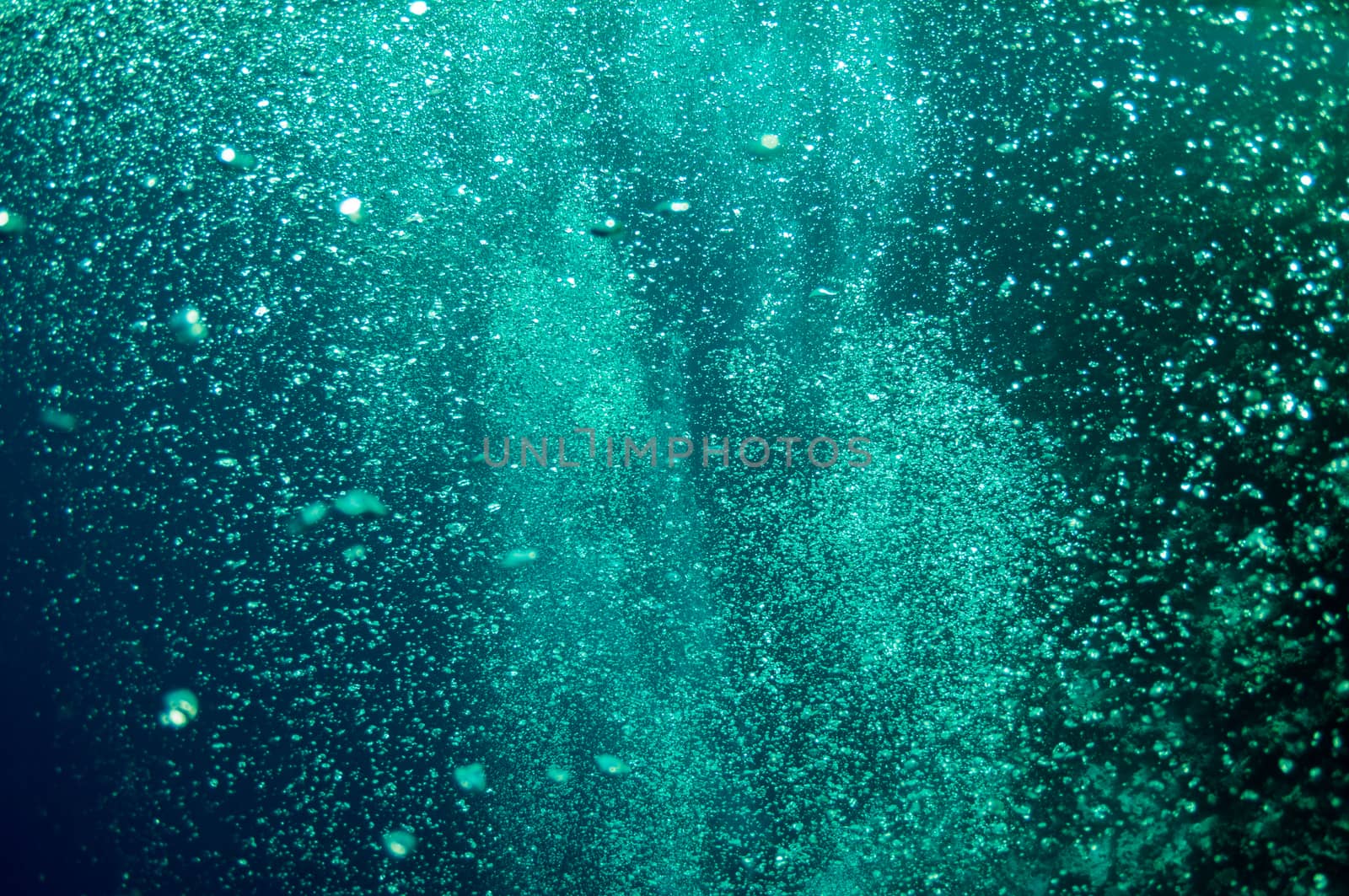 The picture shows underwater bubbles which raise from the depth of blue sea