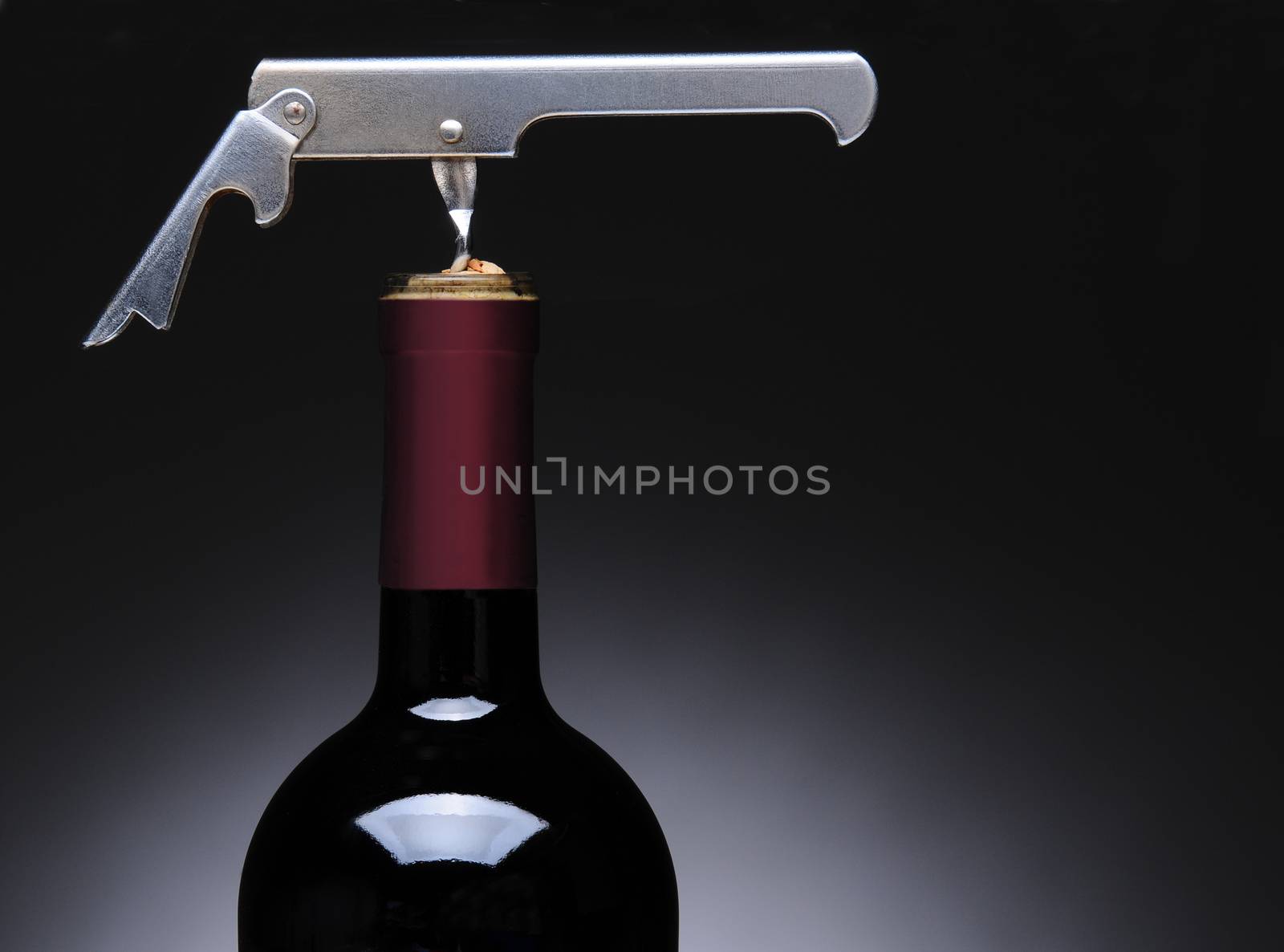 Closeup of a metal waiters corkscrew in a wine bottle. Horizontal format over a light to dark gray background.