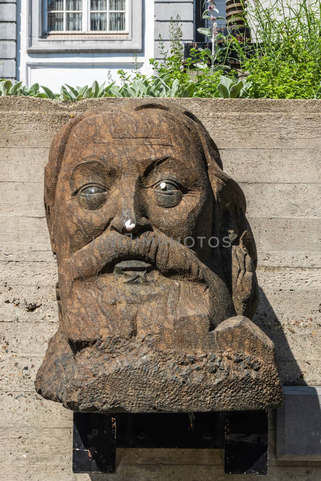 Antwerpen, Belgium - June 23, 2019: Brown head statue of composer Peter Benoit set against a beige stone wall. Some green foliage.