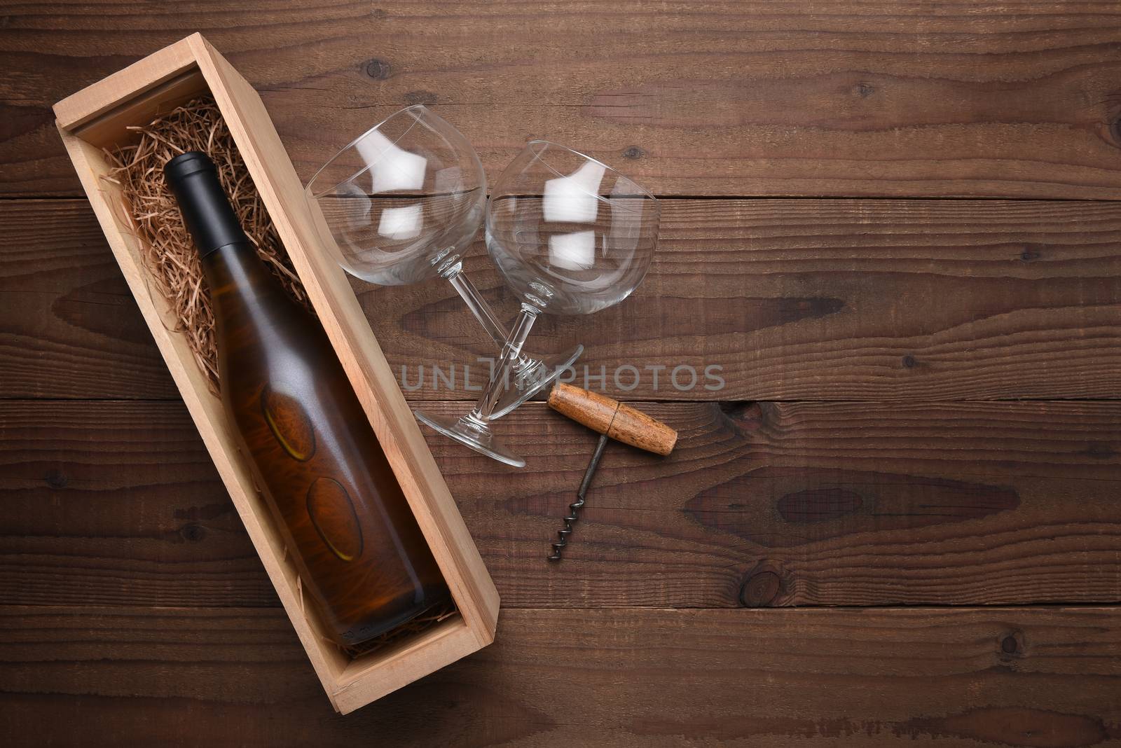 Chardonnay Wine Bottle in Wood Box with Copy Space by sCukrov