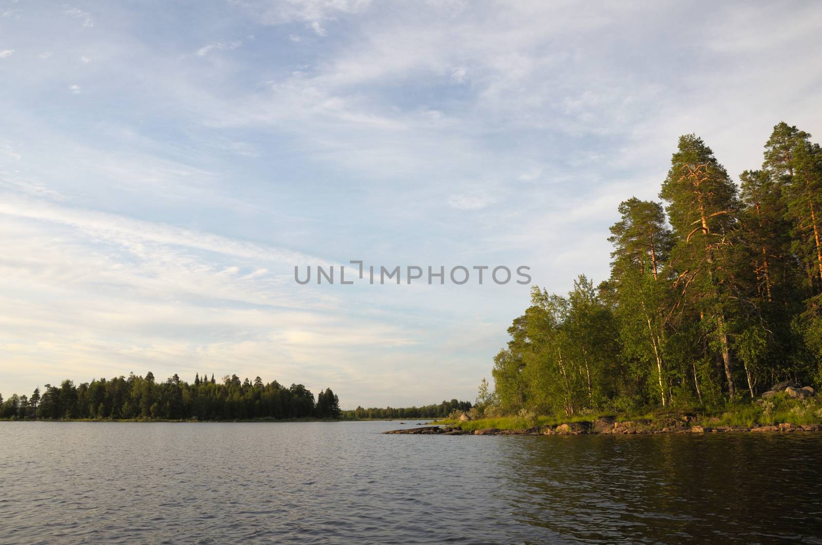 The beautiful picture of Karelian forest at the edge of a lake, and some huge boulder in this lake