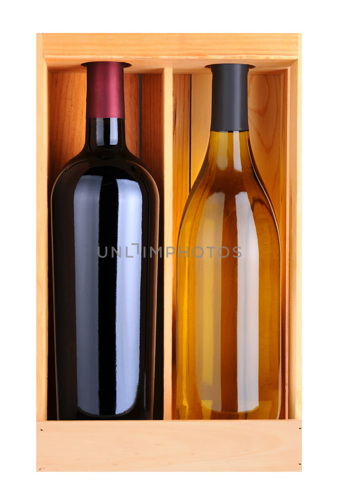 A Cabernet Sauvignoon and Chardonnay bottle without labels in a wood gift box. Vertical format isolated on white.
