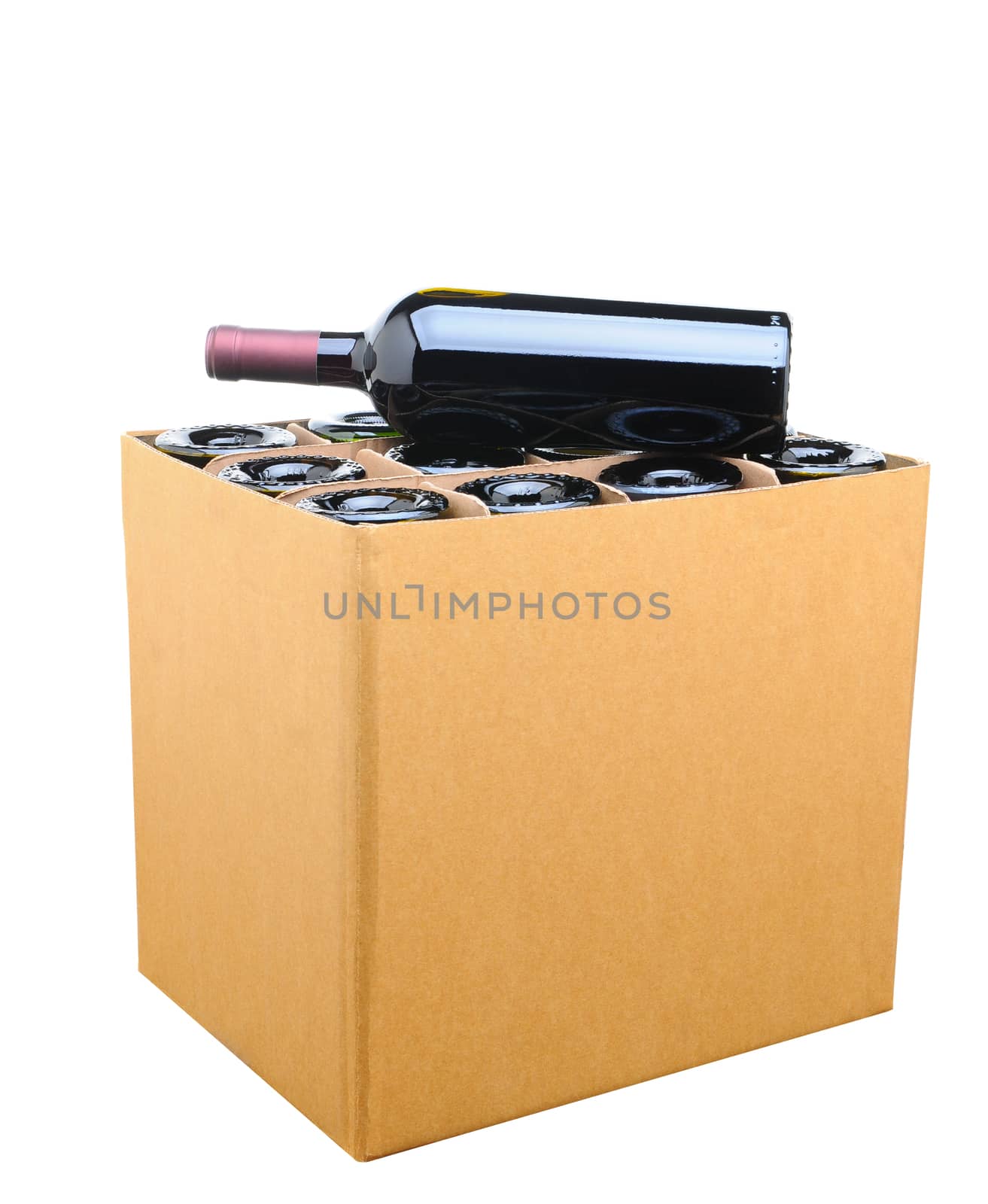 Closeup of a case of wine with one bottle resting on top. Isolated on white.