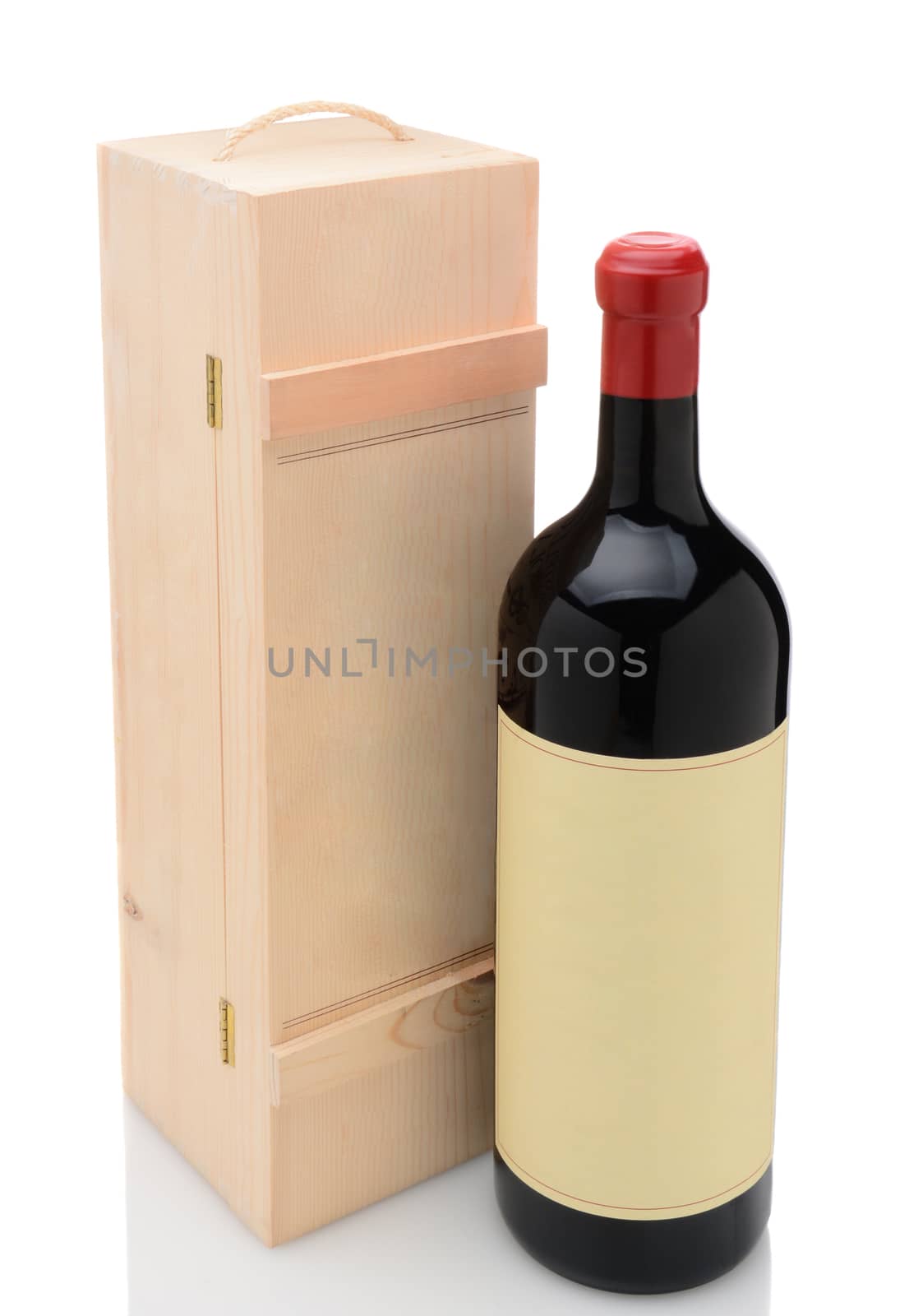 Wine Bottle:  A generic 3 liter bottle of wine and individual wood box on white.