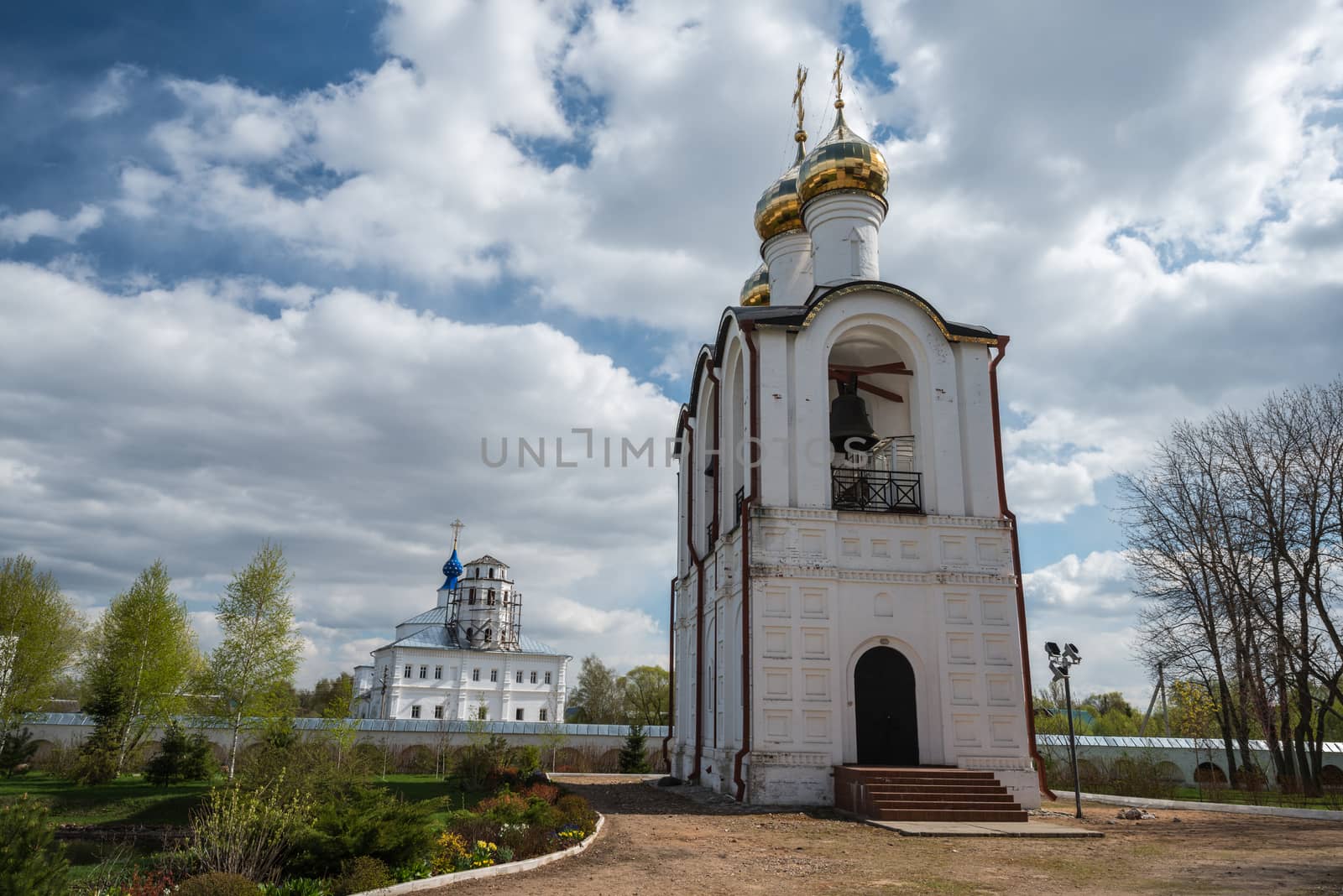 Close view of the belfry at Saint Nicholas (Nikolsky) monastery, Pereslavl-Zalessky, Russia